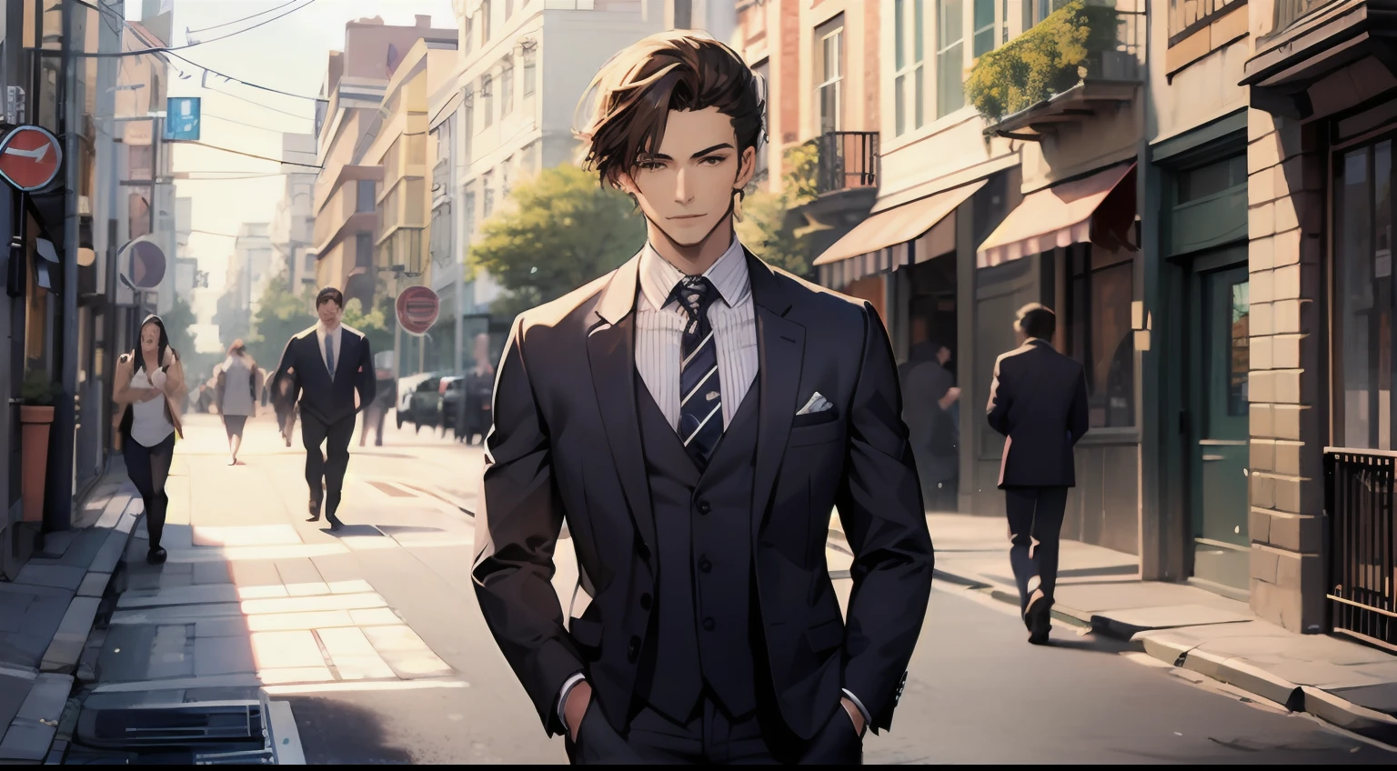 Masterpiece, best quality, men, in suits, short hair, happy, street side