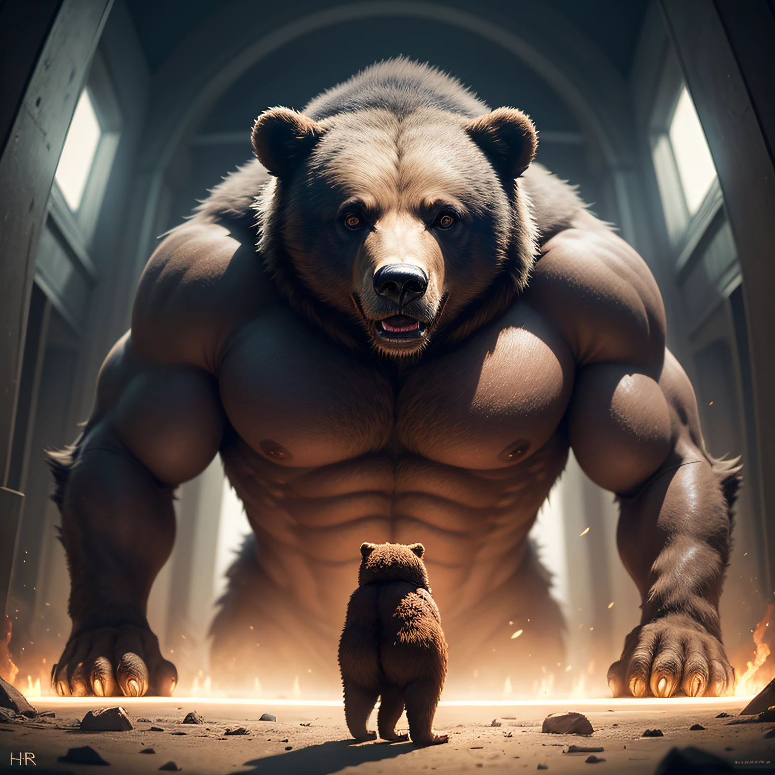 Futurism bear, 8K, elegance + epic + symmetrical + detailed +cravagio lighting style, matte painting, H. R. Giger, hyper detailed, hyper realistic --auto