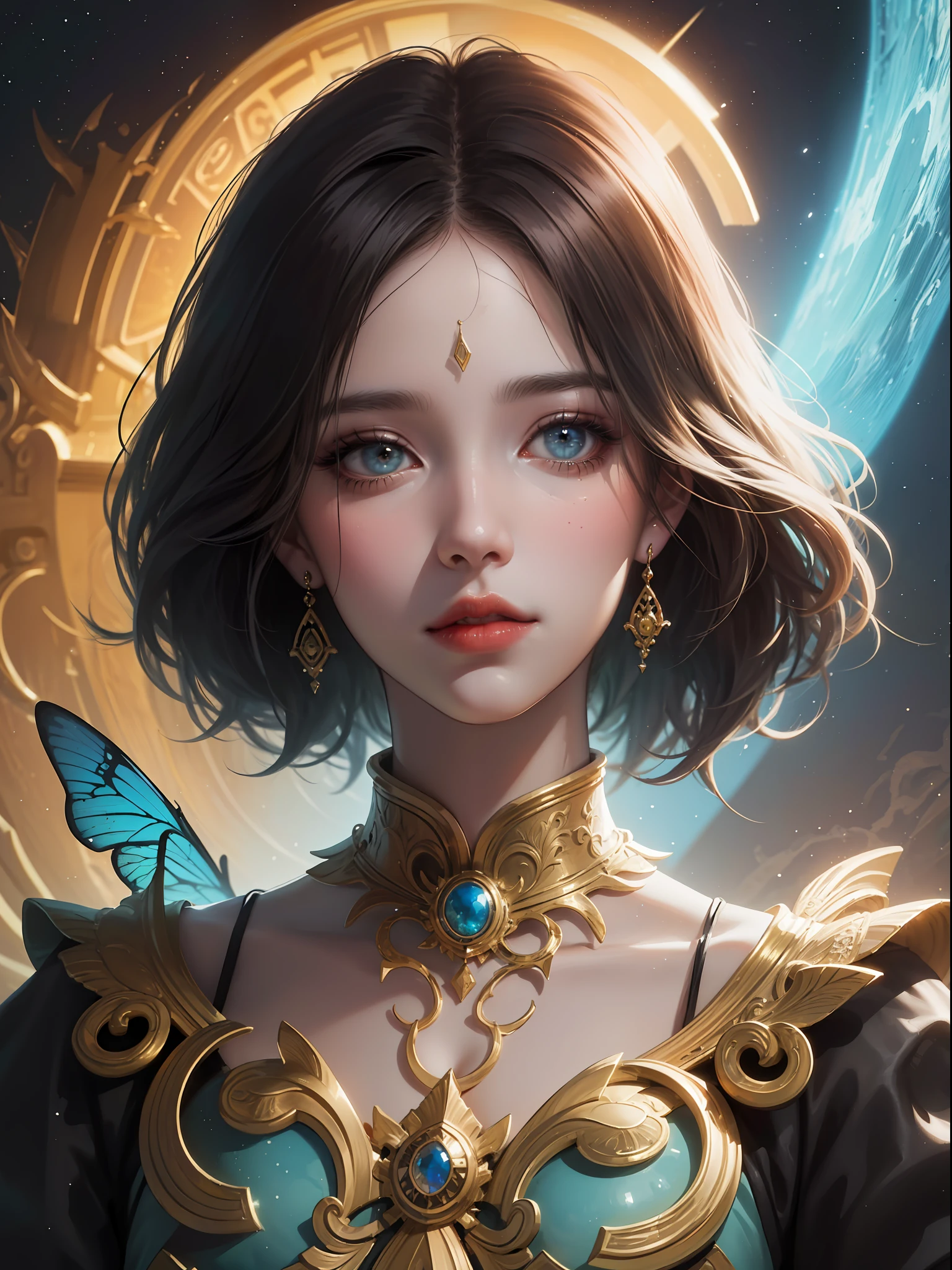 ((Best Quality, 8k, Masterpiece: 1.3)) Beautiful Woman: 1.3, Beautiful Face, Crawling Saturated Colors, Psychedelic Images, LSD, Mandala, Fractals, Clothing, Tattoos, Painted Body, Body Tilted Forward, Similar to Alex Gray's Art, Lots of Color Saturation, Swirls, Surreal, Planet Earth, Galaxies, Lots of Lighting, Shadows and Contrast, Role Play, Realistic Eyes, Green Iris, 3D Depth, Realistic Skin Texture, Detailed Sharp Scales, Colorful, fantasy art, artgerm ruan jia and greg rutkowski surrealist wet lacquer gold butterfly filigree art, broken glass