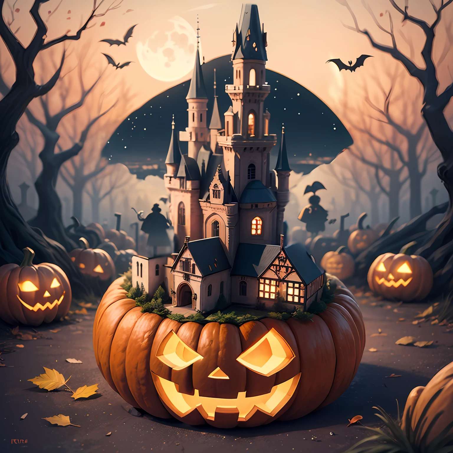 Pumpkin, castle, moon