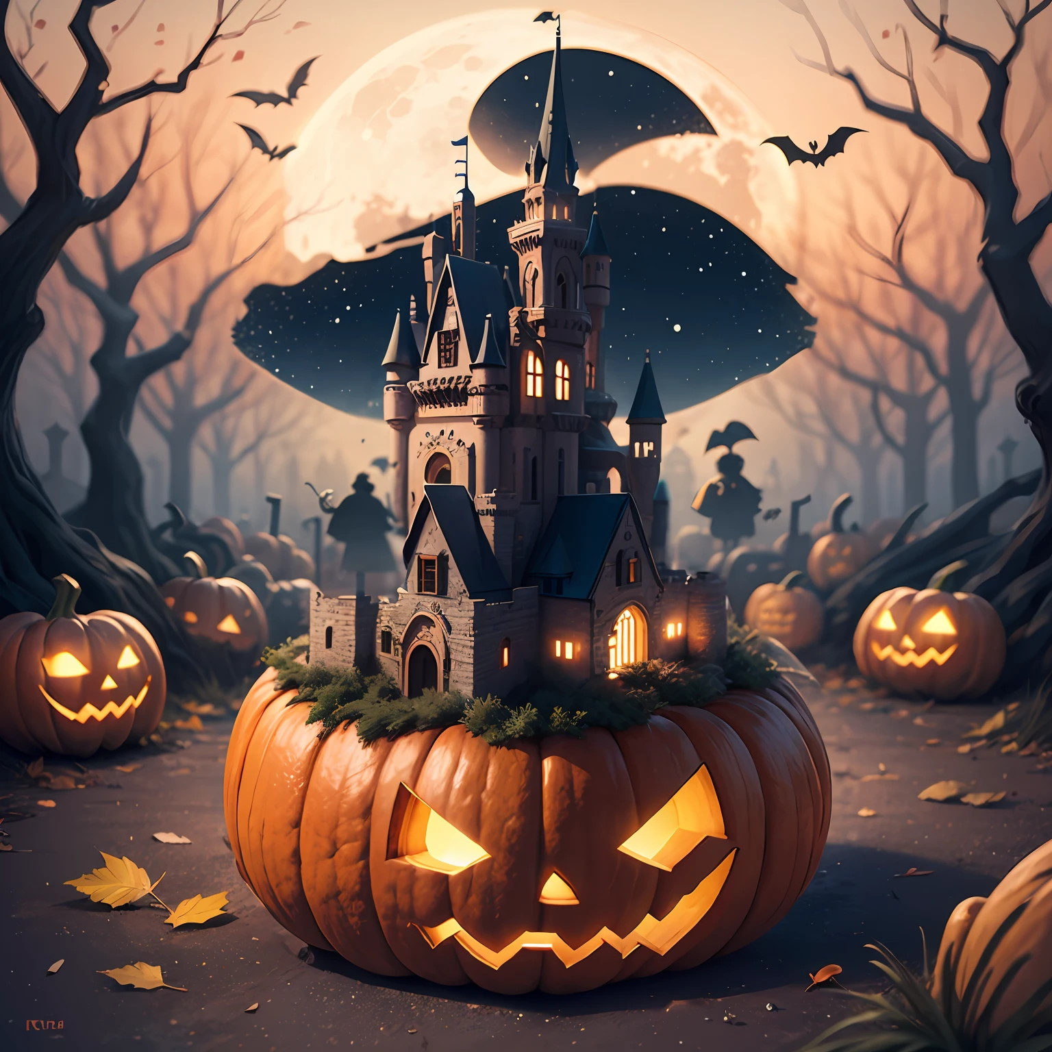 Pumpkin, castle, moon