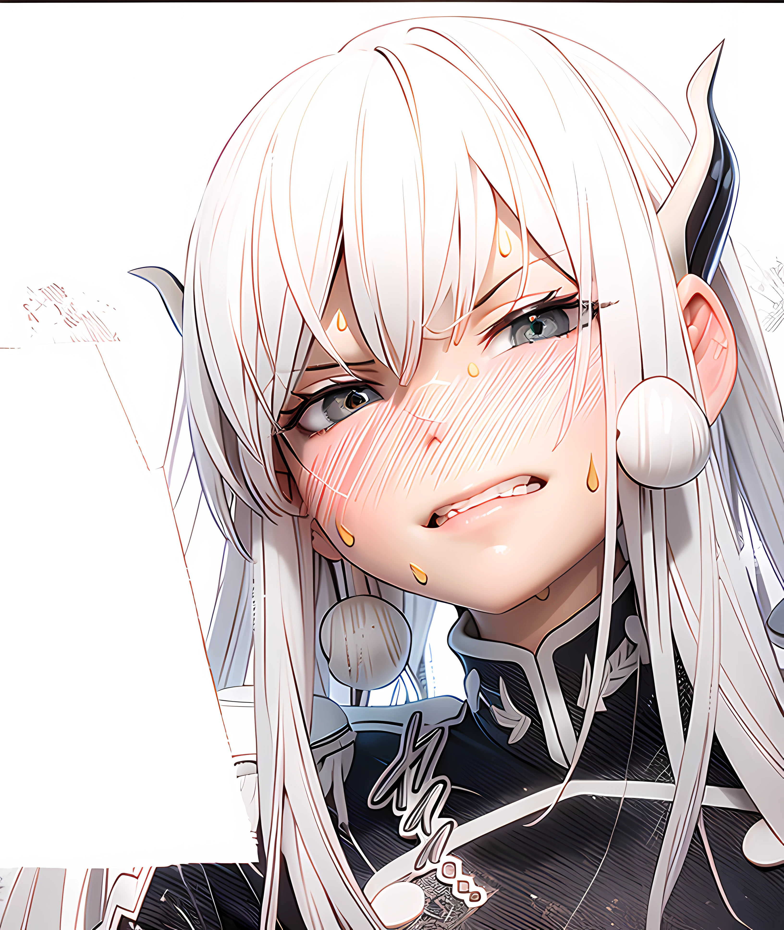 Girl, embarrassed, horns, white hair, platinum, black clothes, perfect face, artwork.