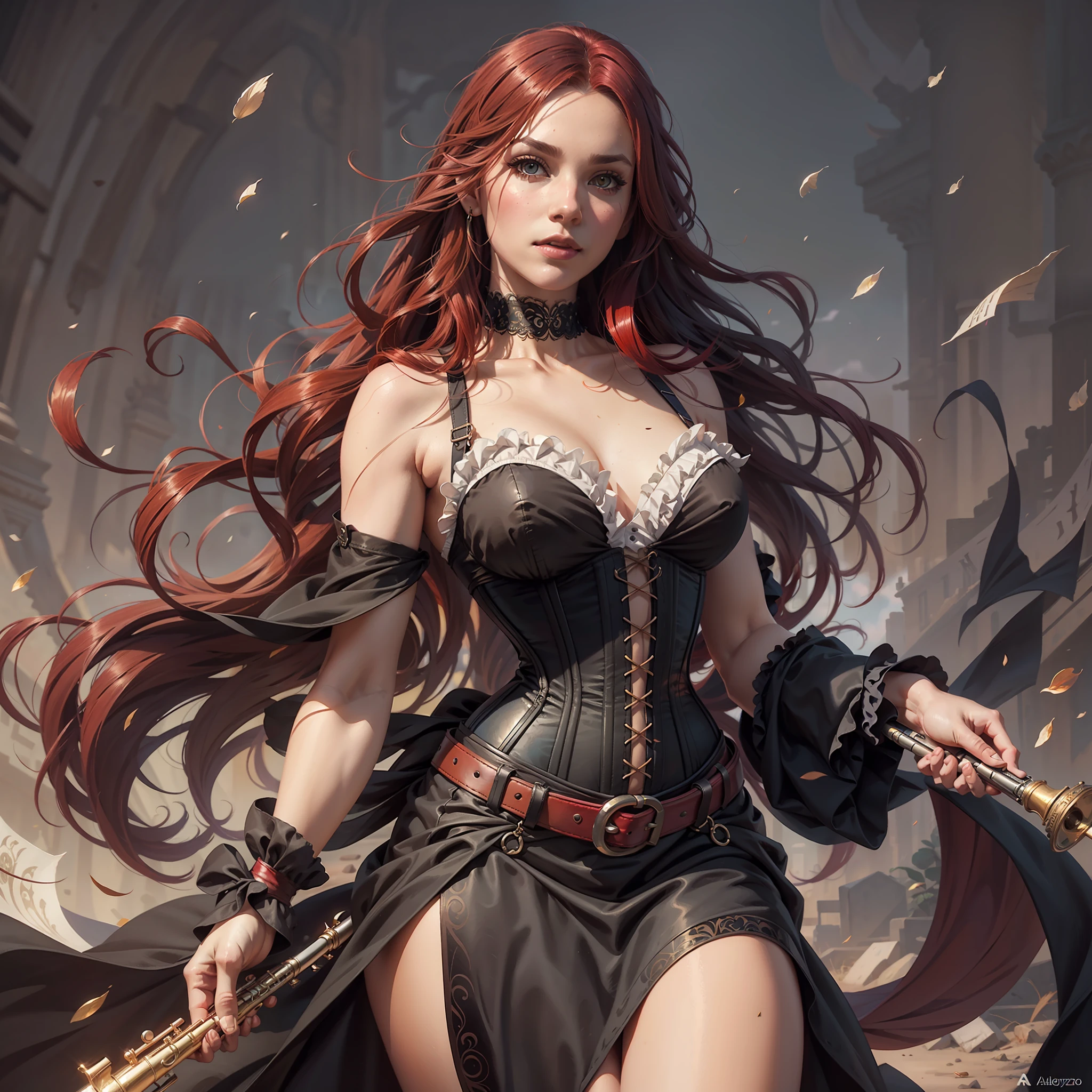Red maid, black dress with belt around the waist, long flowing hair, black corset, clarinet, red hair, digital art, photorealistic, beautiful, intricate, very detailed, popular on Artstation, art by Artgerm and Greg Rutkowski and Alphonse Mucha