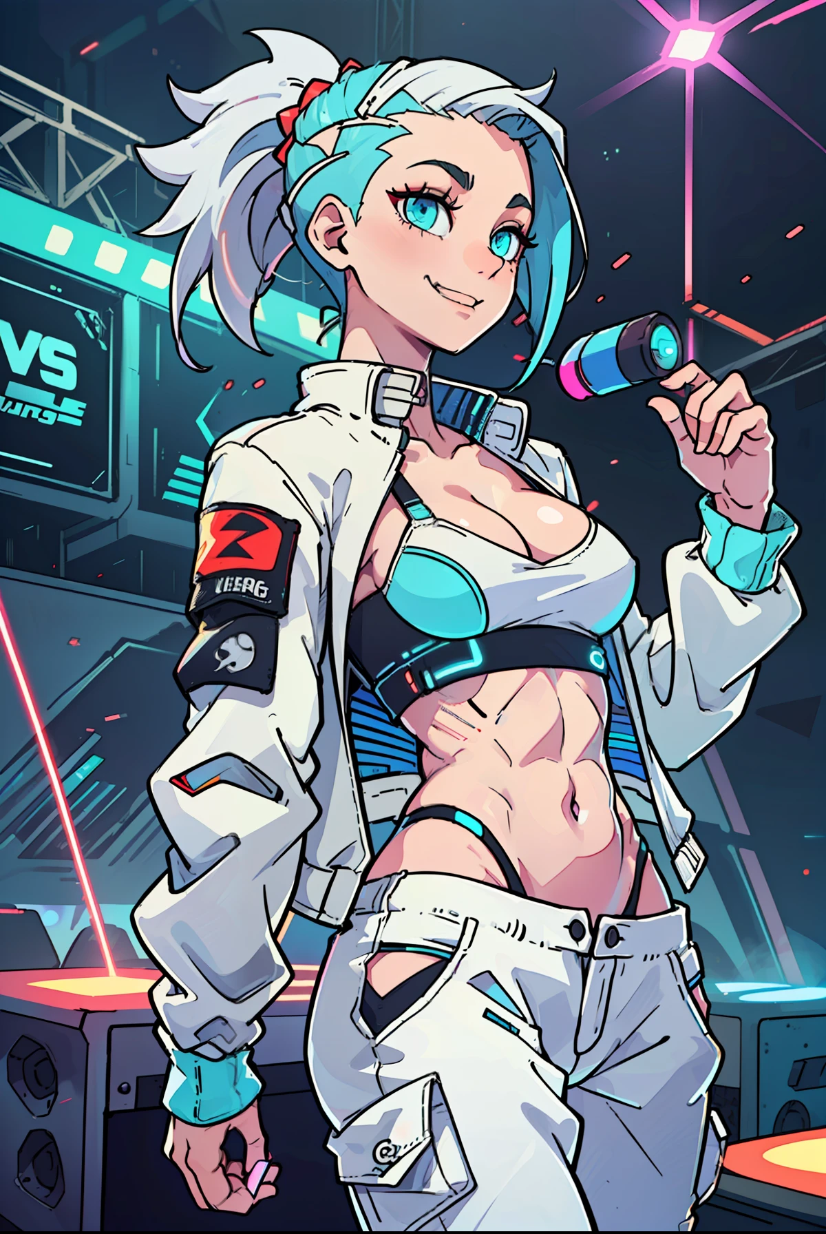 tomboy woman DJing on turntables on stage at EDM festival, EDM event lighting effects, on stage in front of crowd, giant futuristic screens in background, neon room, (white cropped jacket:1.1), (vivid glowing blue eyes:1.2), (white hair:1.2), (cyan streaks in hair:1.2), high ponytail, (cocky smirk:1.2), (abs:1.2), rave lights, (lasers in background:1.2), glowing light strips on clothes, slim build, looking at viewer, giant speakers in background, beautiful glossy reflective detailed eyes, (high leg panties:1.2), (white cargo pants:1.3), (thin straps over hip bones:1.3), (hip straps:1.3), (side shave:1.4), (undercut:1.3), defined hip bones, cleavage, lean