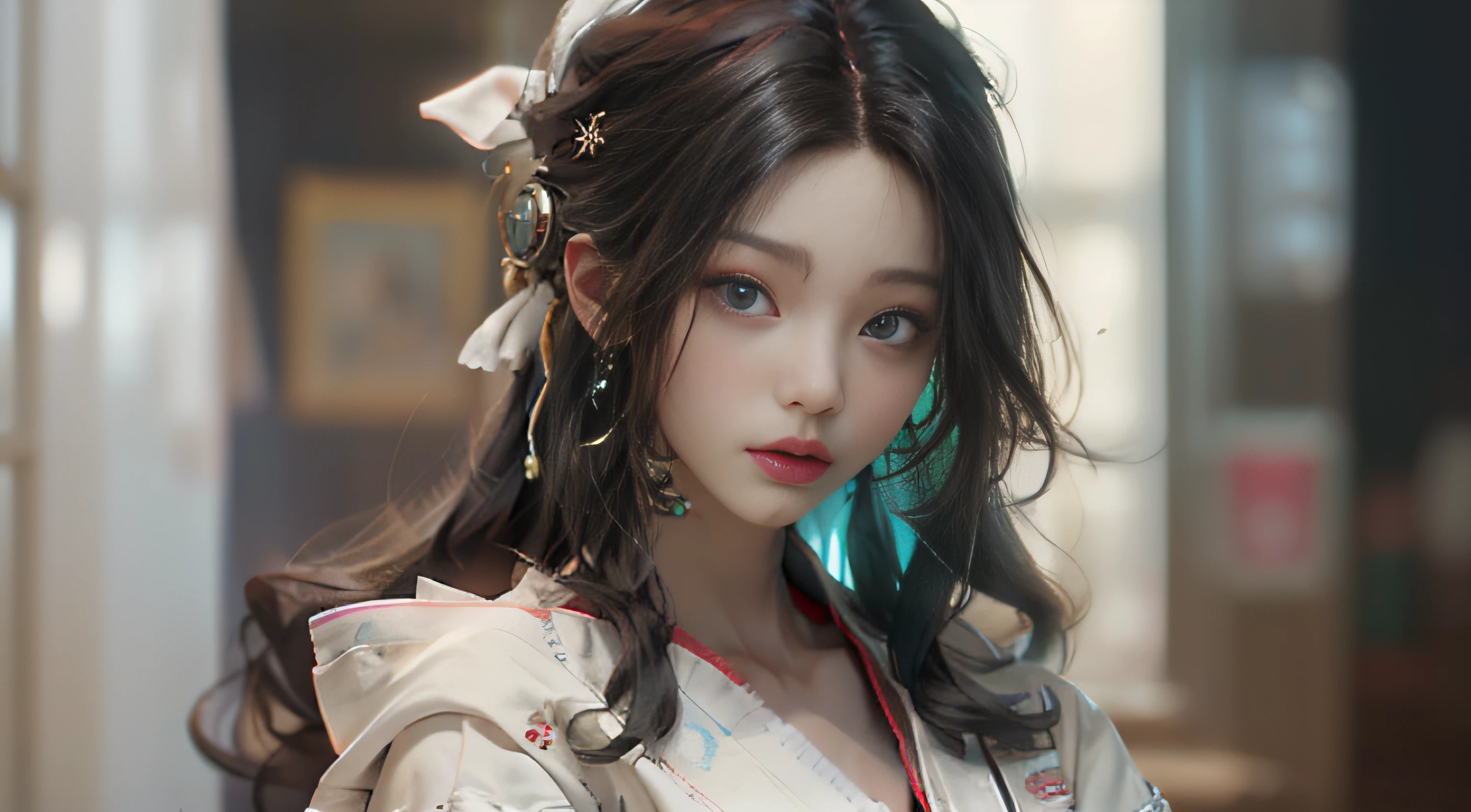 ((best best quality)), ((MasterPiece)), (Detail:1.4), 3D, A beautiful cyberpunk female image,HDR（high dynamic range）,RayTrace,nvidia rtx,The ultra-Resolution,Unreal 5,Subsurface scattering、pbr texturing、postprocessing、Anisotropic Filtering、depth offield、Maximum Clarity and Clarity、Many-Layer Textures、Albedo and Specular map、Surface coloring、Mitsu-Accurate simulation of material interactions、Perfect Scale、octanerendering、Two-colored light、large aperture、low ISO、white balance、Rule of Thirds、8K RAW、beautiful bright pupils，flowing robe，Fine pupils，Detailed face and eyes，Long Lashes，Blushlush，voluminous hair，Tender red lips