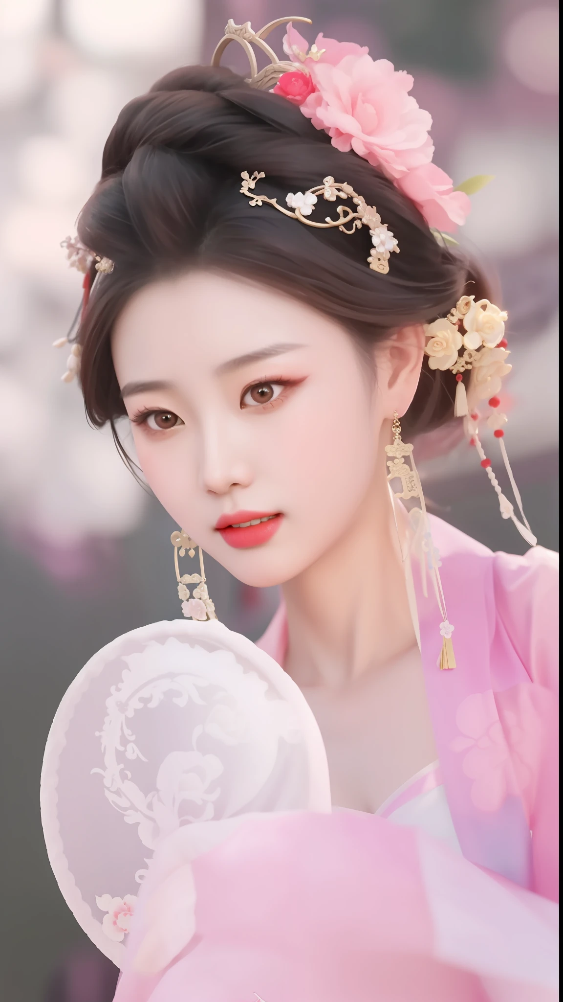 a close up of a woman in a pink dress holding a fan, chinese style, traditional chinese, palace ， a girl in hanfu, chinese princess, traditional beauty, ancient chinese princess, ancient chinese beauties, chinese girl, chinese woman, gorgeous chinese model, beautiful render of tang dynasty, ruan jia beautiful!, ((a beautiful fantasy empress)), wearing ancient chinese clothes