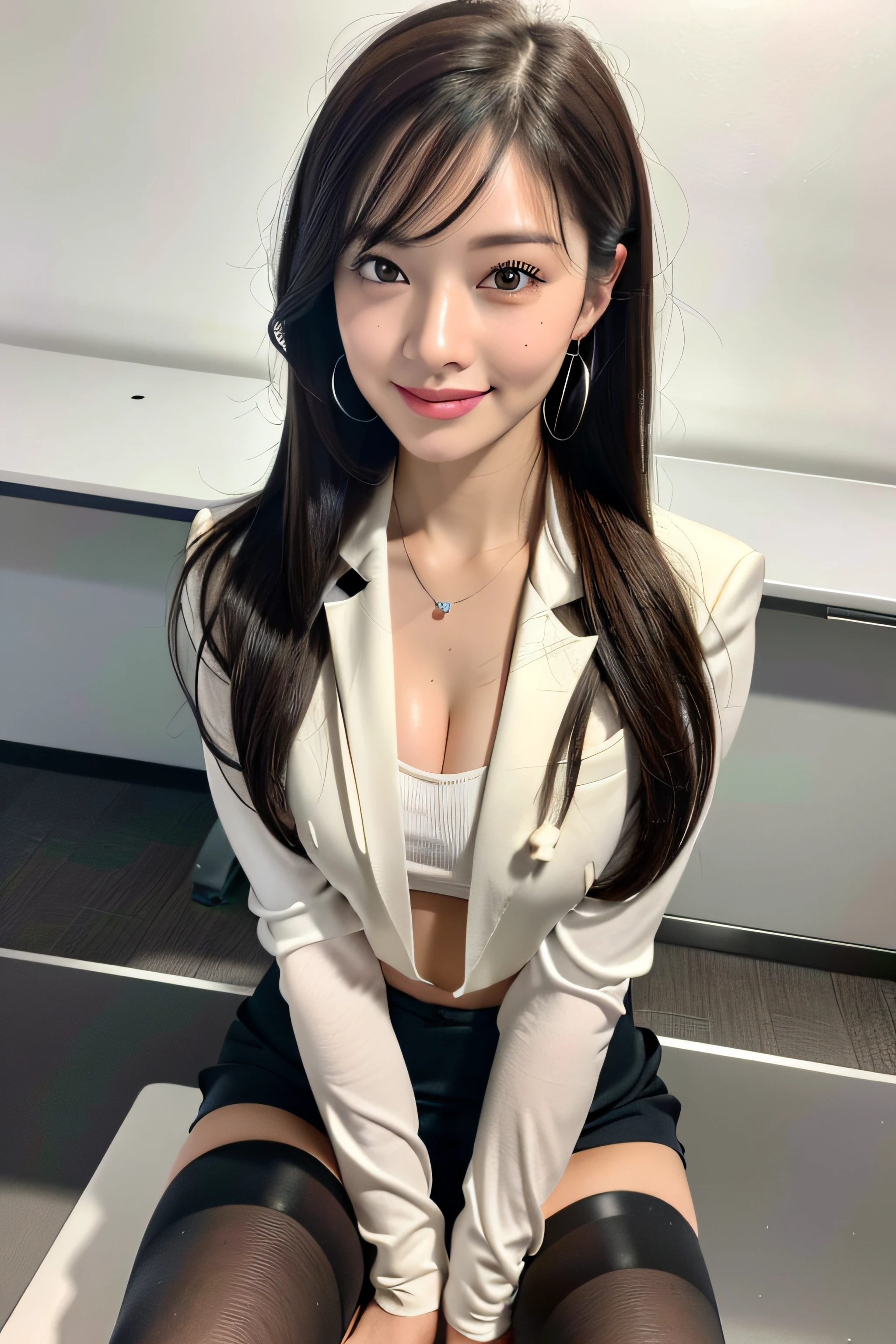 (high-ponytail Hairstyle, wavy hair, dark brown hair), (While wearing a white Business suits:1.3), (black tights:1.3), (wear a light-weight hood:1.3), (innocent and classy girl), medium large breasts, (Sitting on the desk with one's legs crossed:1.4), (in the school classroom:1.2), (embarrassed smile:1.2), ((Full body Shot:1.2)), (Selfie pose on Instagram:1.2), (top quality, 8K, masterpiece: 1.3), RAW photo, realistic, photorealistic, waist constriction, beautiful legs, accurate, anatomically correct, Very Detailed Face and Skin Texture, Detailed Eyes, Double Eyelids, natural Cheeks, wet eyes, shiny little neckless and earrings, Glossy Lips:1.4, waist constriction, beautiful legs,