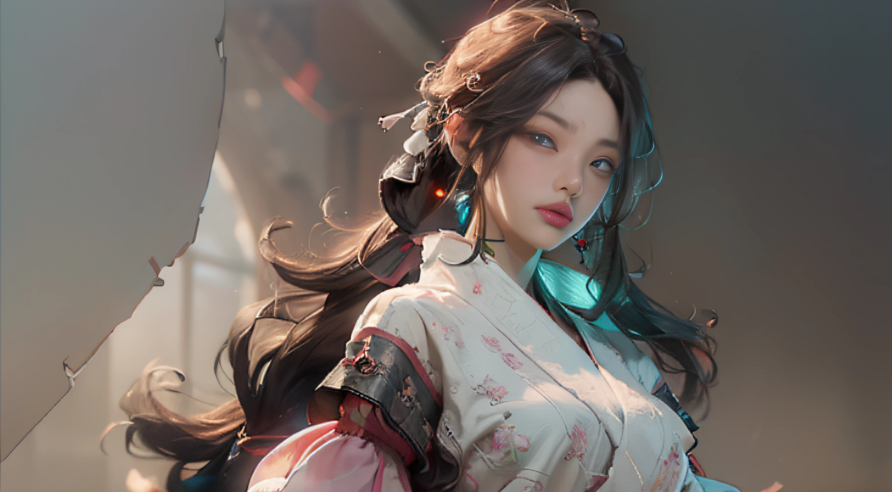 ((best best quality)), ((MasterPiece)), (Detail:1.4), 3D, A beautiful cyberpunk female image,HDR(high dynamic range),RayTrace,nvidia rtx,The ultra-Resolution,Unreal 5,Subsurface scattering、pbr texturing、postprocessing、Anisotropic Filtering、depth offield、Maximum Clarity and Clarity、Many-Layer Textures、Albedo and Specular map、Surface coloring、Mitsu-Accurate simulation of material interactions、Perfect Scale、octanerendering、Two-colored light、large aperture、low ISO、white balance、Rule of Thirds、8K RAW、beautiful bright pupils,flowing robe,Fine pupils,Detailed face and eyes,Long Lashes,Blushlush,voluminous hair,Tender red lips