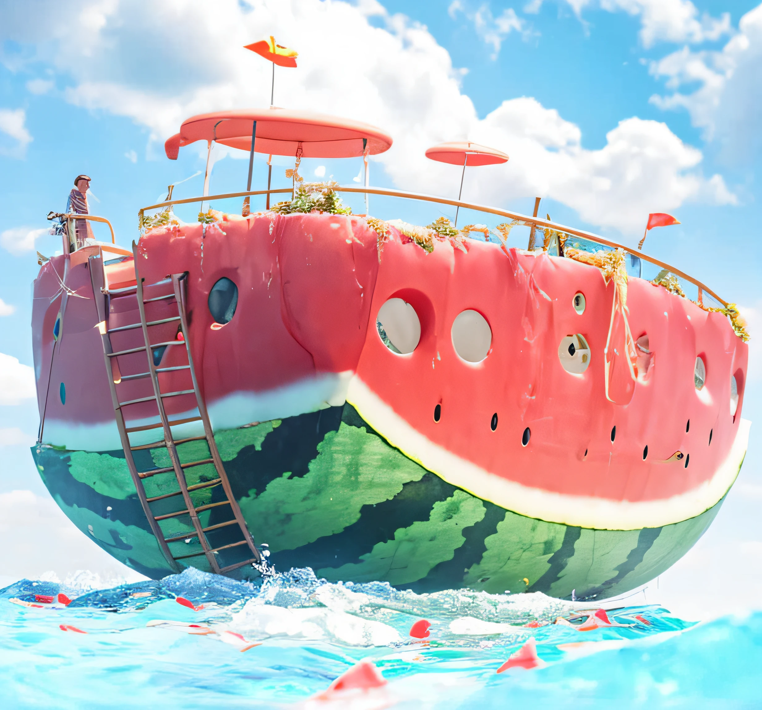 The watermelon boat is on the sea and there are no figures