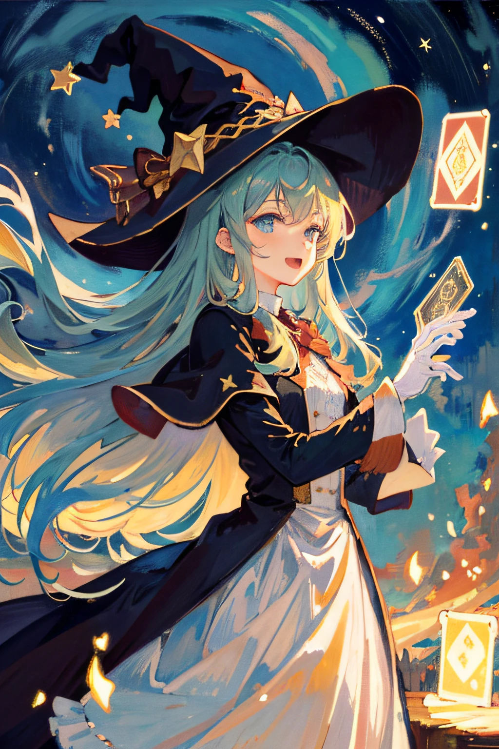 ((masterpiece:1.2, best quality)), 1girl, solo, (witch hat), blonde hair, long hair, dress, aurora, night, star (sky), gloves, sky, white dress, night sky, open mouth, starry sky, blue eyes, ribbon, very long hair, red dress, smile, hair ribbon, cape, blue hair, (bird), magic, casting spell, dark clouds, night, (impressionism:1.4), (tarot:1.3), alphonse mucha,