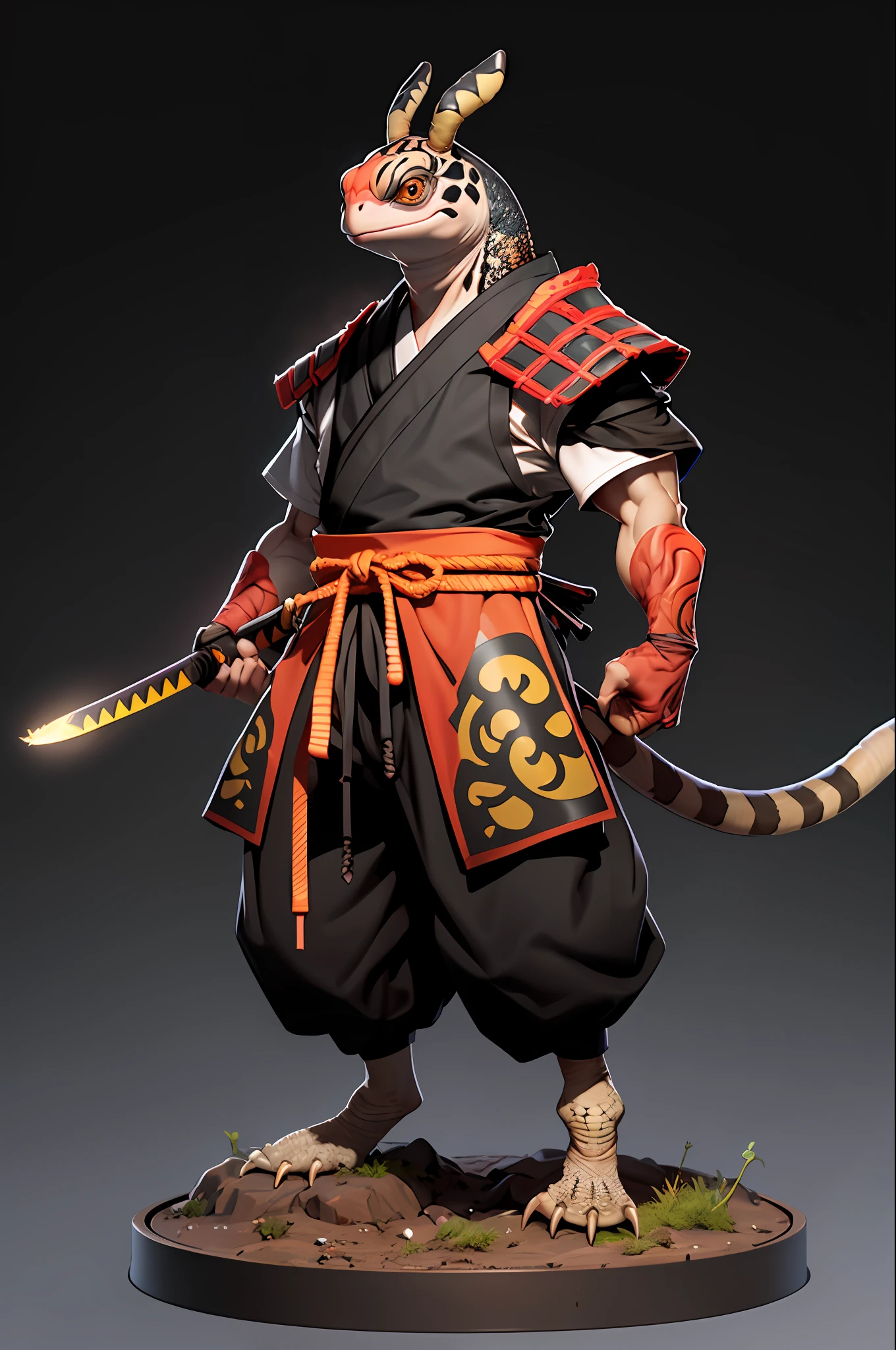 better quality,
 tail, soil, turtle shell black color, red skin, with a yellow spot between the eyes, 1boy, gloves, adult samurai turtle, standing, full body, looking at the viewer, black background,
rackanimal, balck bottom,