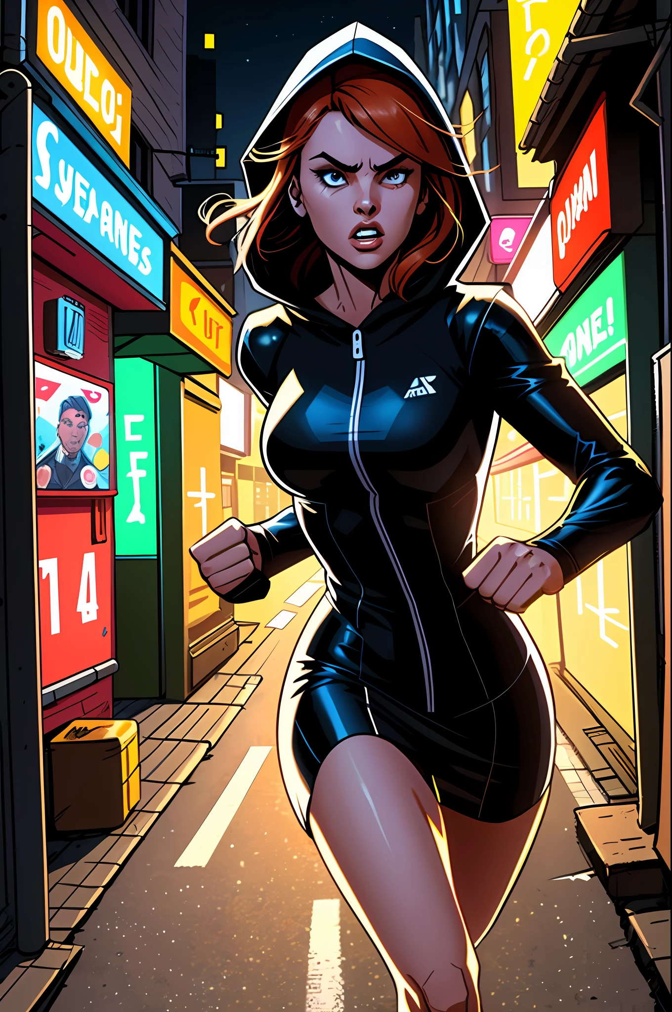 Close-up images of 2 subjects, 1 girl with russet hair, wearing a long-sleeved white dress with a hood, (running to the camera), (woman looks scared), scared, running for her life, fleeing from men in armor, caught men, along dirty city alleys, Futuristic City (Night: 1.4), blue and yellow neon signs, chase scene, action scene, thick silhouette, comic book style, dynamic camera angle, realistic skin, realistic hands, perfect hands, action lines, motion blur background