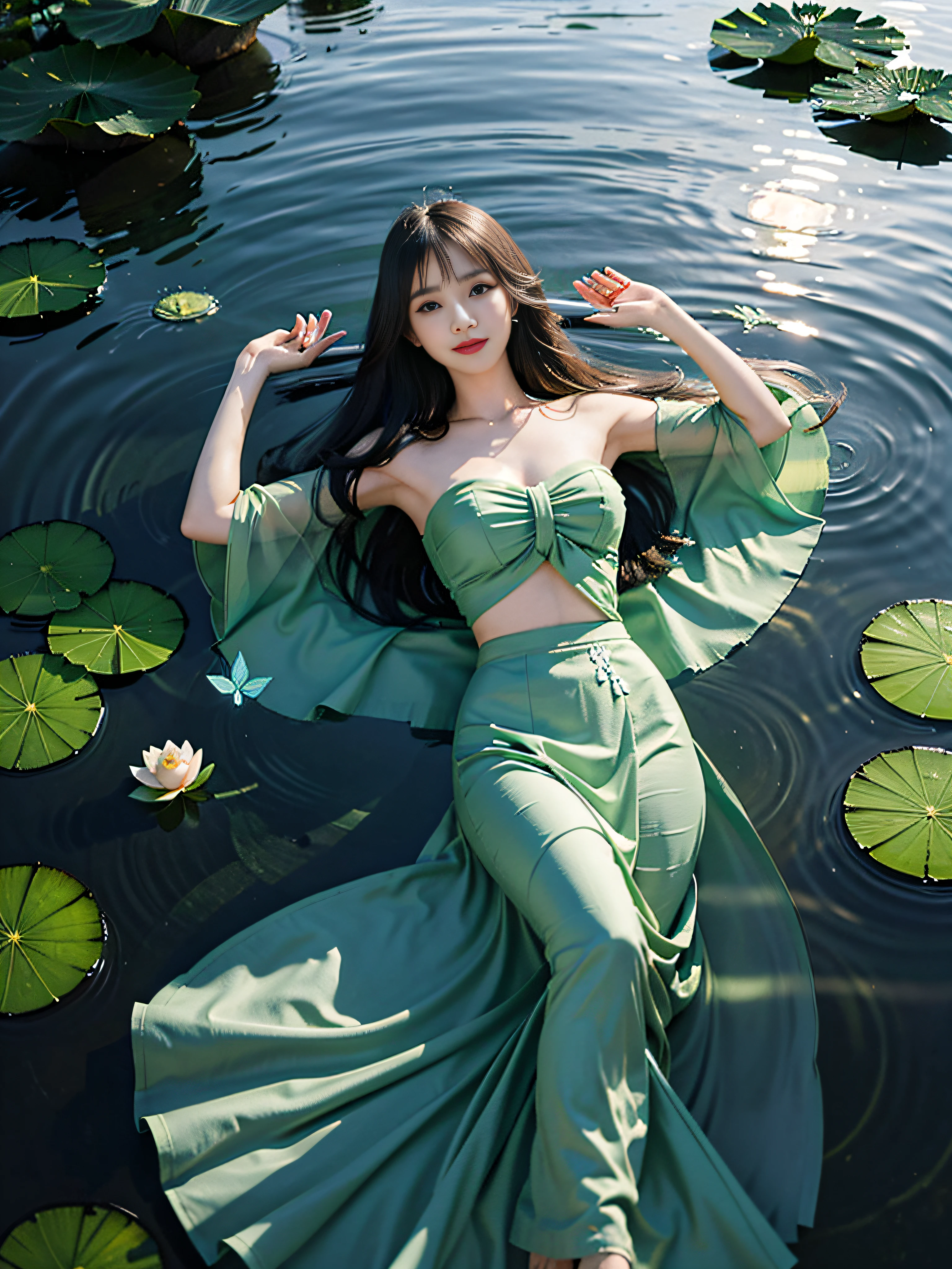 1girl,(light smile:1.3),(green dress),(lotus pond),(lily pads),(lotus flowers:1.3),(butterfly:1.4), (paper fan), (floating leaves),(wind), (lying), (transparent water:1.1),(moonlight:1.3),(peaceful atmosphere:1.4), (wide shot),(from above),(green theme:1.2), She lying in the center of the lotus pond, smile, smirk, glint, red lips, The girl wearing a beautiful Hanfu, perfectly matched with the surrounding scenery. The beautiful night, the moonlight reflected in the water, creating a calm atmosphere. From above, the viewer can see the lily pads and lotus flowers that surround her, there are mysterious light under water illuminating the fish swimming elegantly around her. Many blue butterflies dancing around the girl, The green theme dominates the scene, with shades of emerald and jade that highlight the natural beauty of the pond. The rippling water and moonlight add to the tranquil mood, making it the perfect spot for relaxation and reflection.