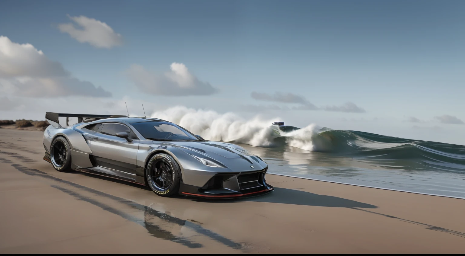 Surfing and sports cars, realistic texture, simple graphics, long-range shots