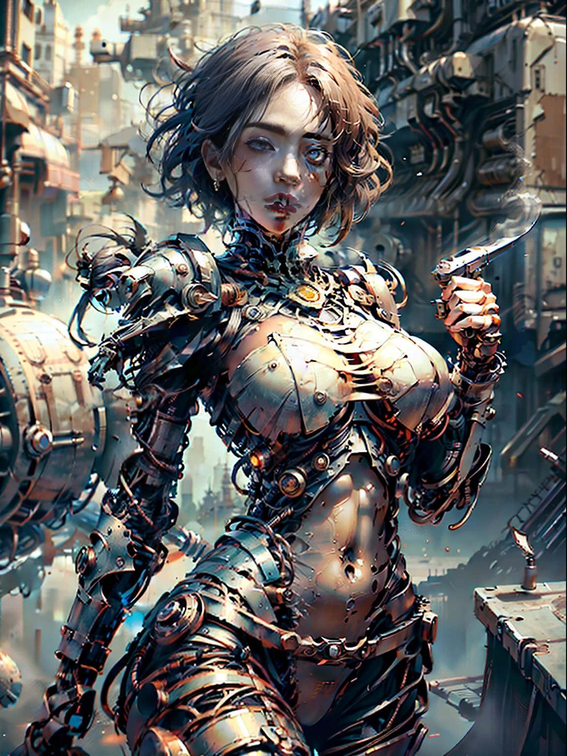 ((Best Quality)), ((Masterpiece)), (Very Detailed: 1.3), 3D, Steampunk Warrior After Desert Battle, Steampunk Weapon, Dark Style Armor, Cinema Lights, (Best Vision Photo of a Mechanical Girl), Anatomically Correct, High Density Display (High Dynamic Range), Ray Tracing, NVIDIA RTX, Super Resolution, Unreal 5, Underground Scattering, PBR Textures, Post Processing, Anisotropic Filtering, Depth of Field, Maximum Sharpness and Acutance, Multi-layer Textures, Specular and Albedo Mapping, Surface Shading, Accurate Simulation of Light-Material Interactions, Perfect Proportions, Octane Rendering, Two-tone Illumination, Low Luminosity, White Balance, Rule of Thirds, Large Aperture, 8K Raw Data, High Efficiency Subpixels, Subpixel Convolution, Light Particles, Light Scattering, Tyndall Effect, Perfect Body Proportions, Short Hair Assassin, (on City Streets: 1.2), Ray Tracing, Light Particles