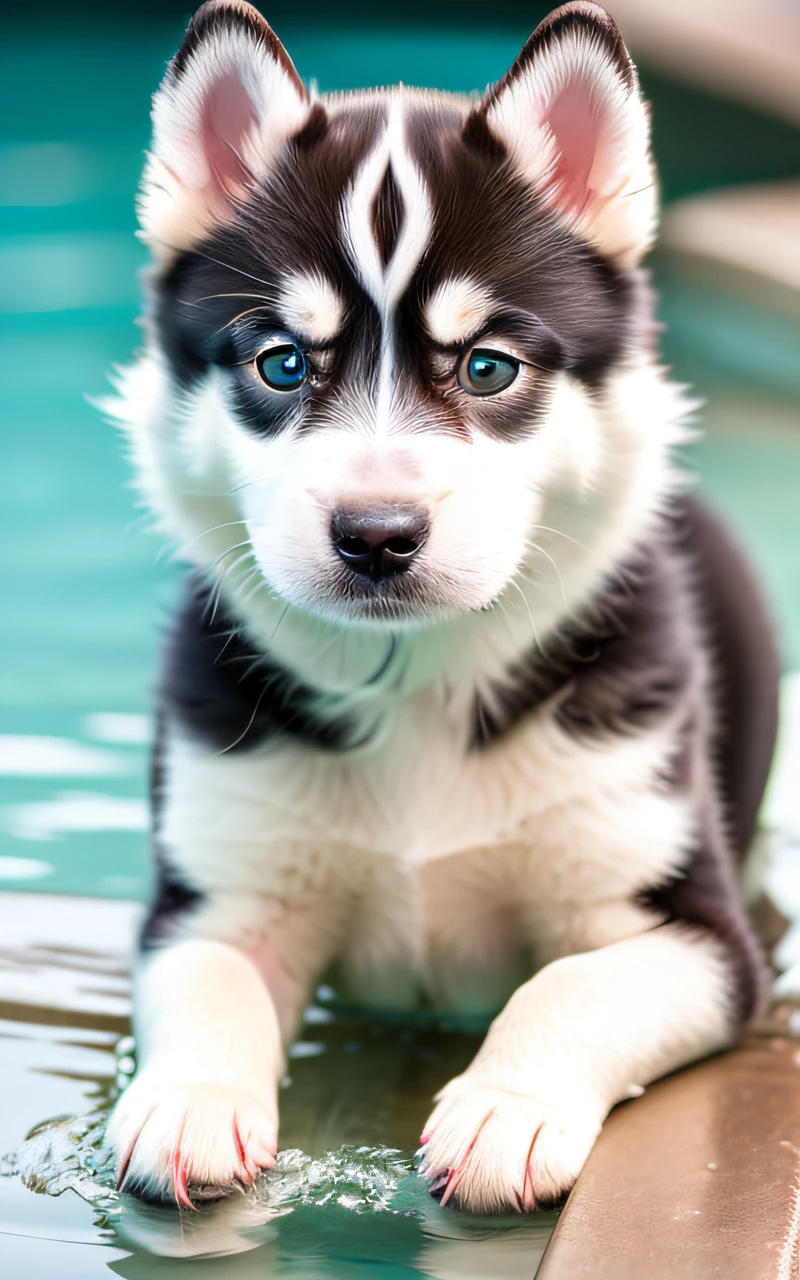 Hyper Quality,Cute two Siberian Husky puppies,different body colors,swimming in the pool,barking,narrow eyes,smile,eos r3 28mm