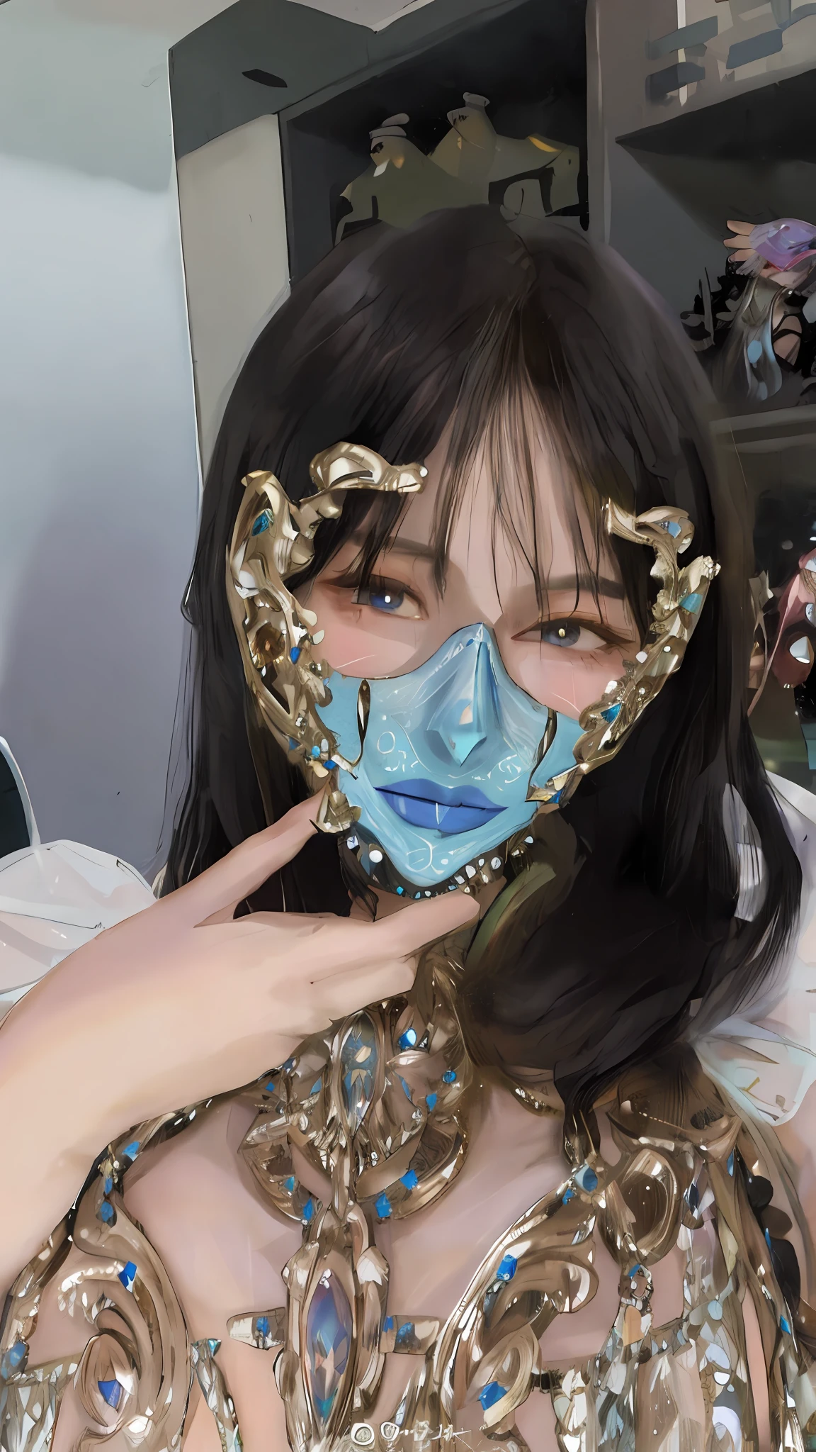 araffe woman wearing a mask with a blue face, wearing a bejeweled mask, see through glass hologram mask, face accessories, the mask covers her entire face, ( ( mask ) ), 2 0 2 0 fashion, mask, wearing transparent glass mask, blue holographic face, ahegao face, mask inside mask, facemask, vega mask