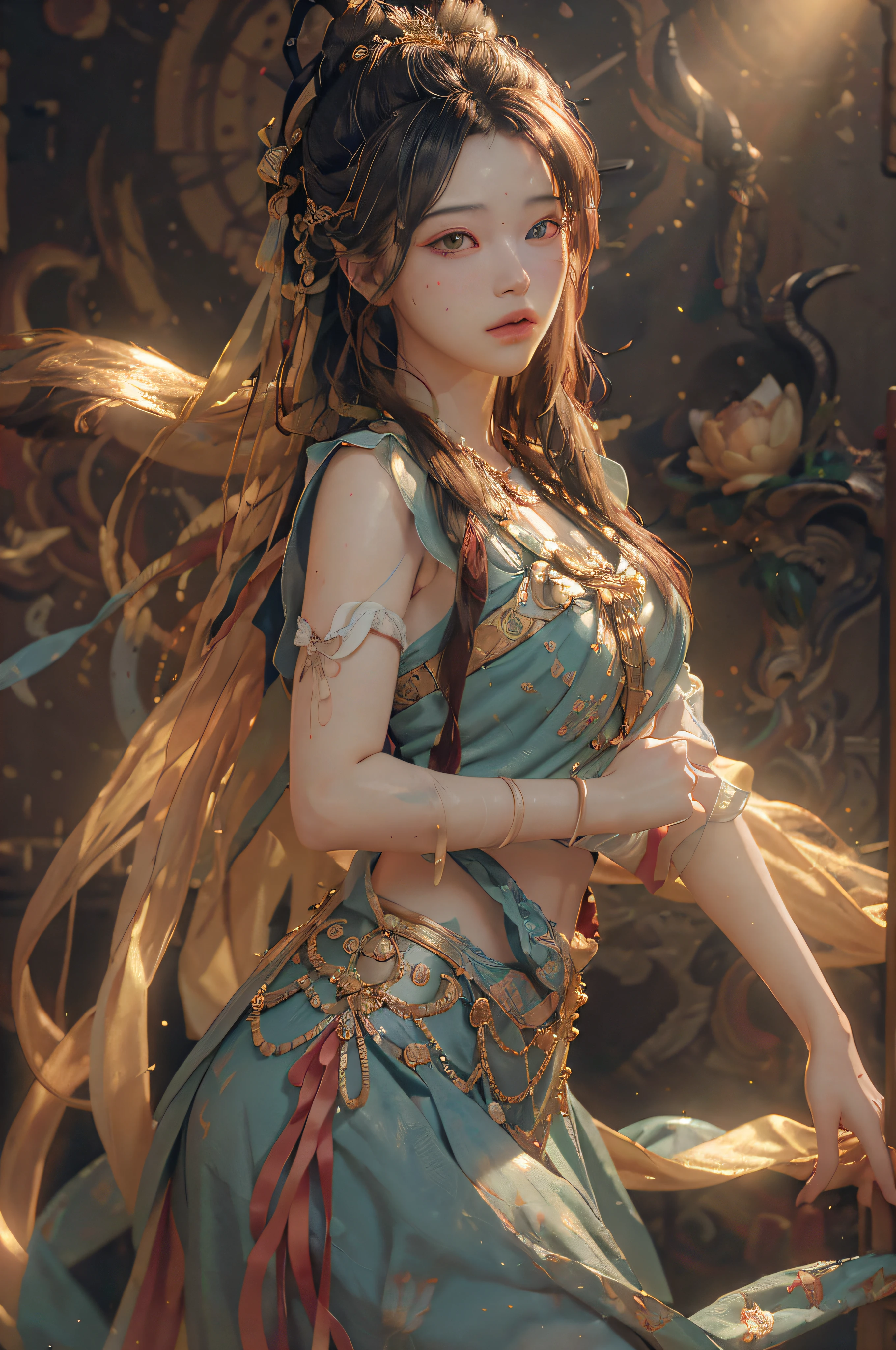 (RAW photo, best quality), (realistic, photo-realistic:1.3),best quality,highly detailed,masterpiece,ultra-detailed,illustration,1girl,upper_body,dynamic angle,world masterpiece theater,messy_long_hair,best quality,extremely detailed CG unity 8k wallpaper,ink,Amazing,cinematic lighting,lens_flare, dunhuang_style