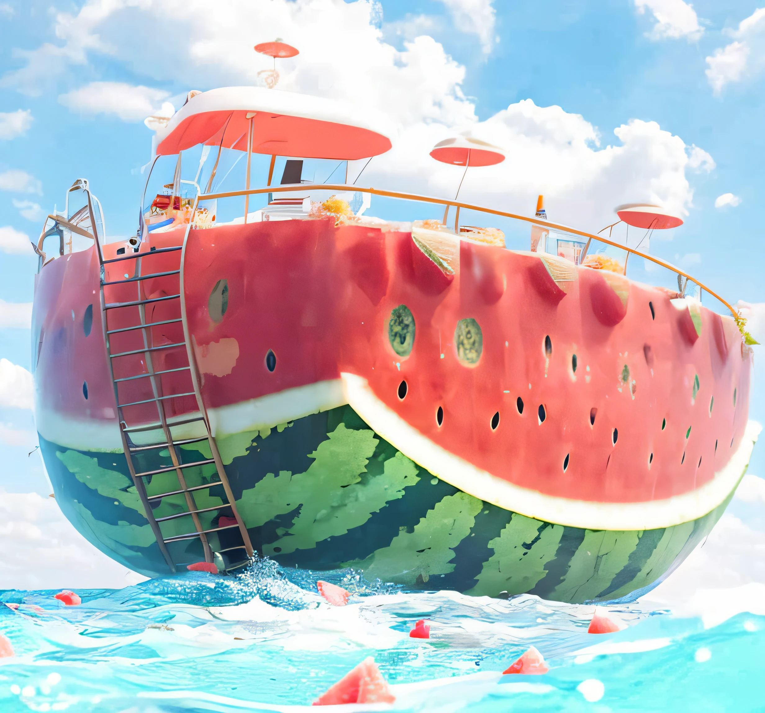 The watermelon boat is on the sea and there are no figures