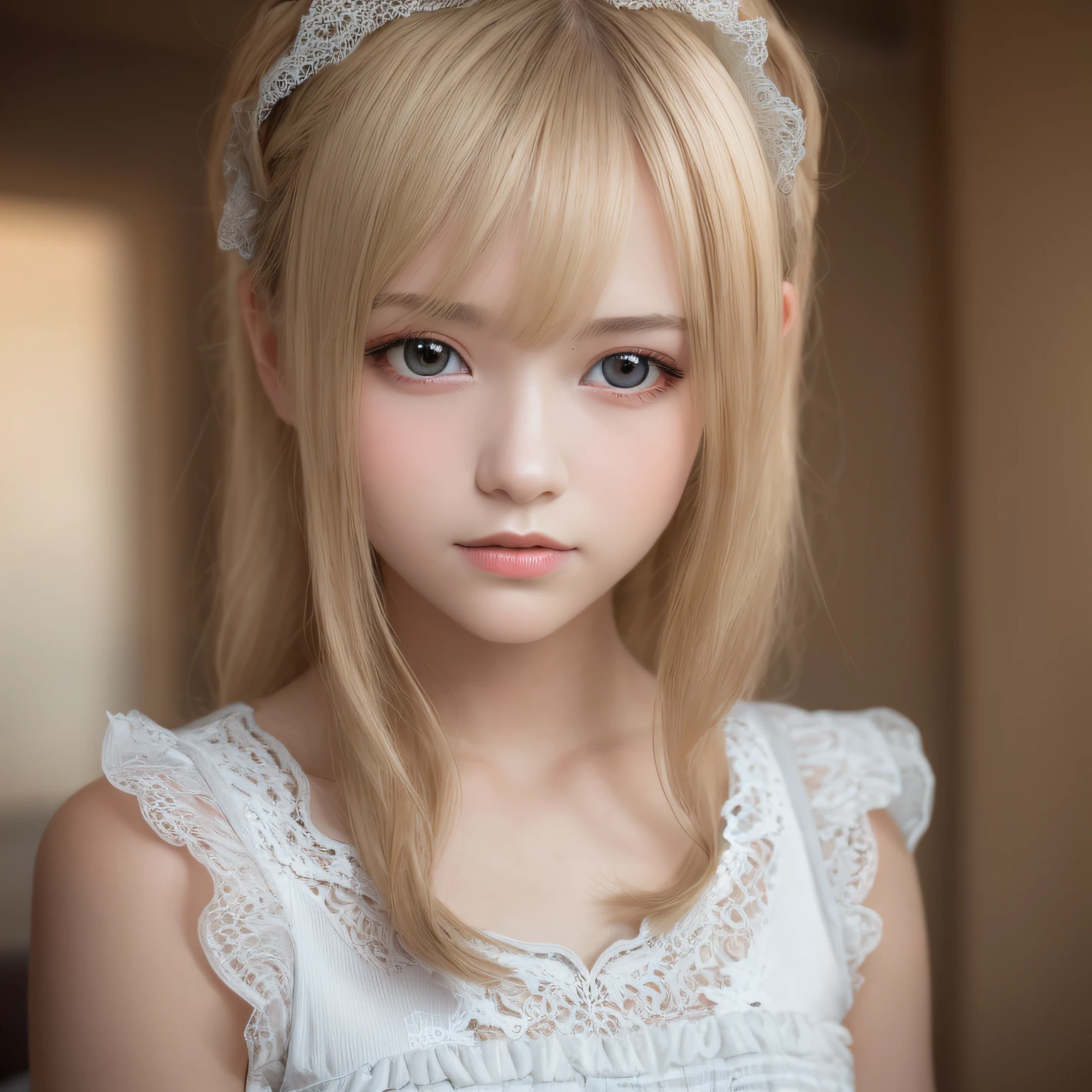 (best quality, masterpiece), 1girl,beautiful girl, bed, sleeping, cute, small, shy, blush, looking viewer, depth of field, model shooting style, bright background, upper body, jade eyes, very long blonde, bangs, ta, maid clothes, very detailed face and skin texture, realistic human skin, realism, realistic photography, professional color correction, natural light