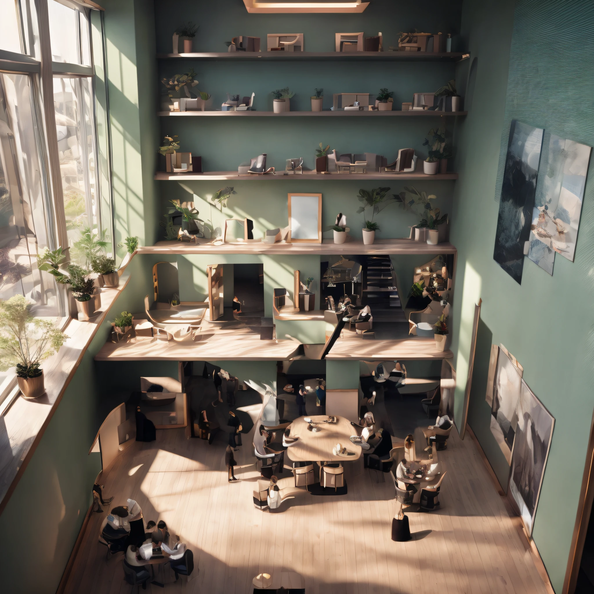 Masterpiece, best quality, removal of all chairs, longer tables, realistic style of photography