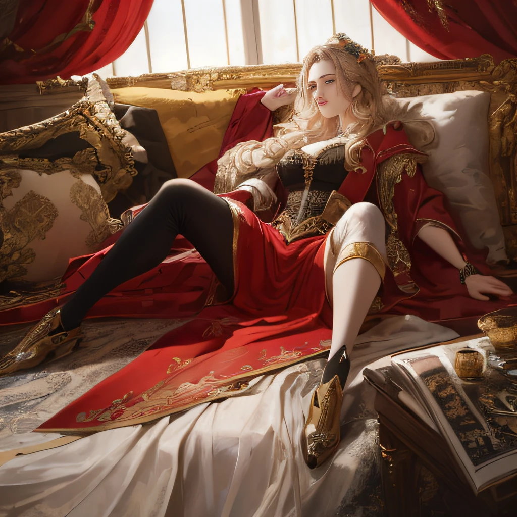 (masterpiece: 1.2, best quality), realistic, (real picture, complex details, depth of field), best quality, masterpiece, high detail, semi-realistic, 1 girl, adult woman, 21 years old, with short golden hair, eyes covered with hair on the left, blue eyes, royal clothes, red cloak, slim figure