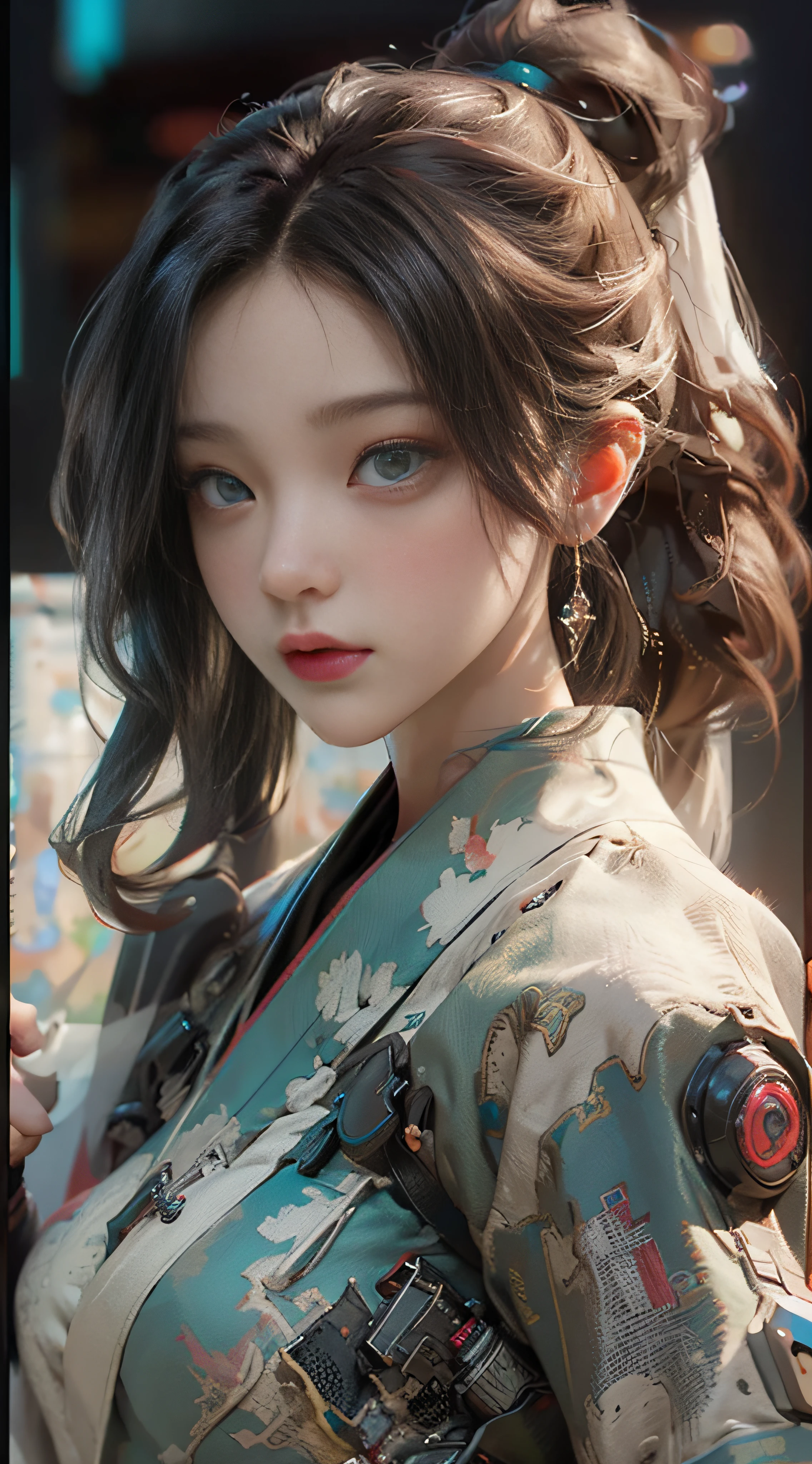 ((best best quality)), ((MasterPiece)), (Detail:1.4), 3D, A beautiful cyberpunk female image,HDR（high dynamic range）,RayTrace,nvidia rtx,The ultra-Resolution,Unreal 5,Subsurface scattering、pbr texturing、postprocessing、Anisotropic Filtering、depth offield、Maximum Clarity and Clarity、Many-Layer Textures、Albedo and Specular map、Surface coloring、Mitsu-Accurate simulation of material interactions、Perfect Scale、octanerendering、Two-colored light、large aperture、low ISO、white balance、Rule of Thirds、8K RAW、beautiful bright pupils，flowing robe，Fine pupils，Detailed face and eyes，Long Lashes，Blushlush，voluminous hair，Tender red lips