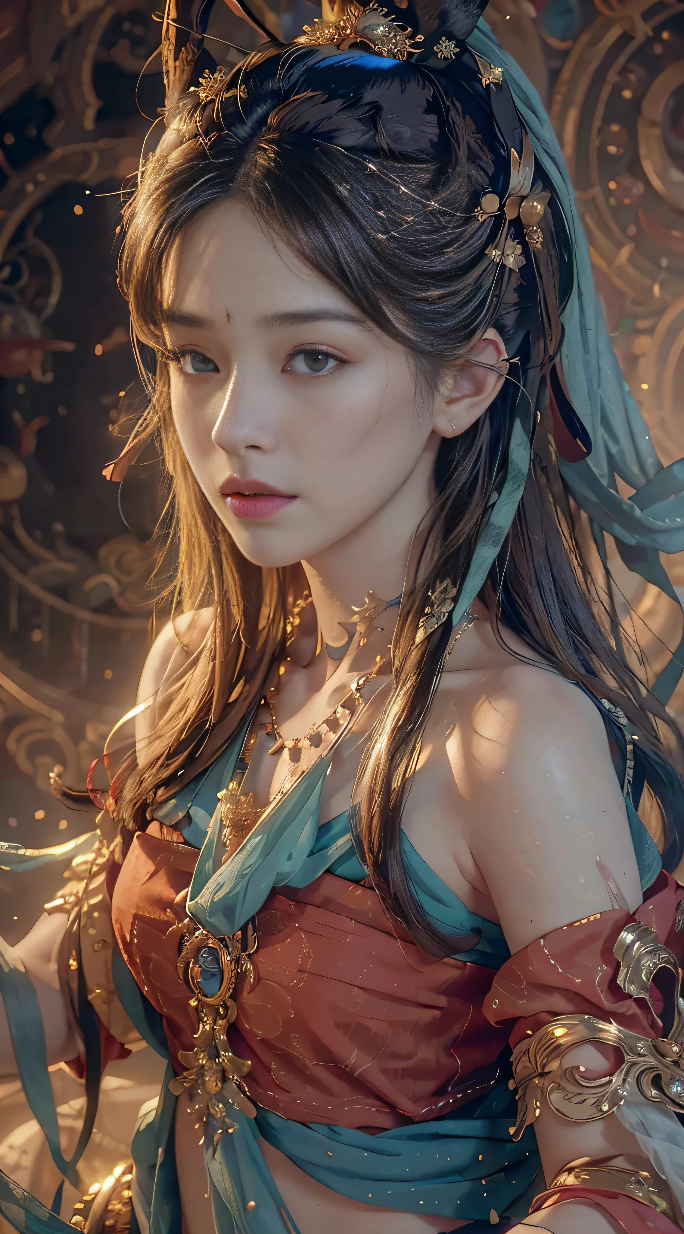 (RAW photo, best quality), (realistic, photo-realistic:1.3),best quality,highly detailed,masterpiece,ultra-detailed,illustration,1girl,upper_body,dynamic angle,world masterpiece theater,messy_long_hair,best quality,extremely detailed CG unity 8k wallpaper,ink,Amazing,cinematic lighting,lens_flare,,dunhuang_style