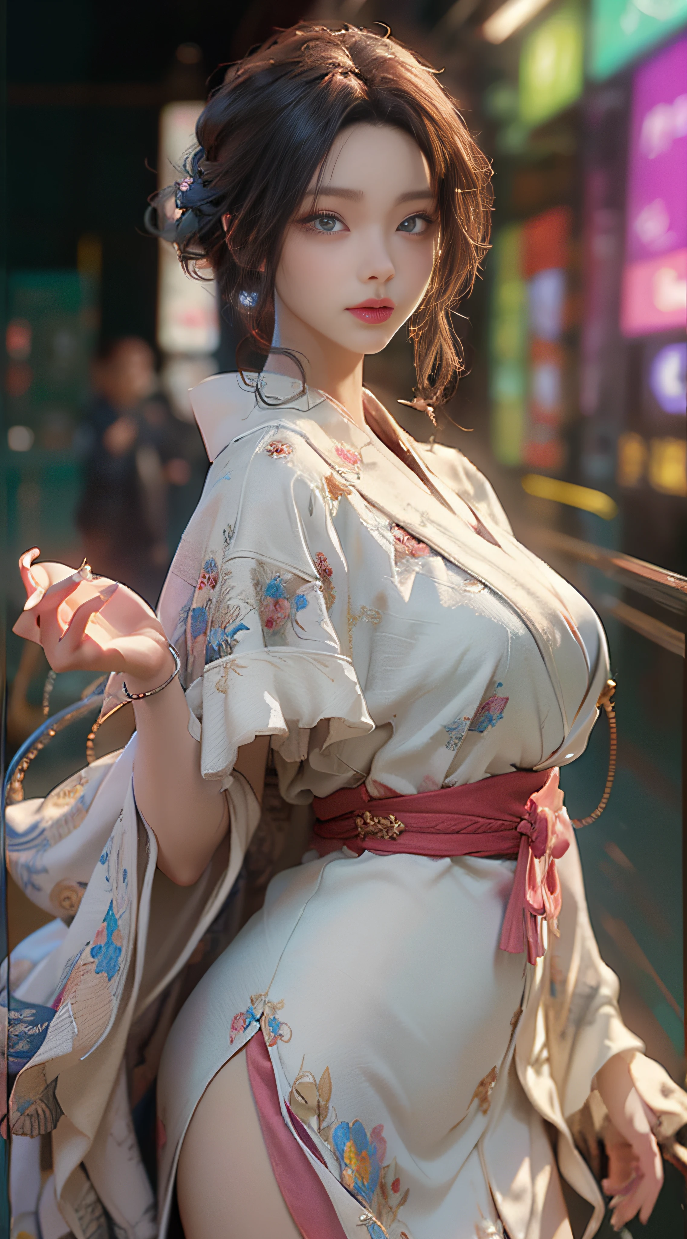 ((best best quality)), ((MasterPiece)), (Detail:1.4), 3D, A beautiful cyberpunk female image,HDR(high dynamic range),RayTrace,nvidia rtx,The ultra-Resolution,Unreal 5,Subsurface scattering、pbr texturing、postprocessing、Anisotropic Filtering、depth offield、Maximum Clarity and Clarity、Many-Layer Textures、Albedo and Specular map、Surface coloring、Mitsu-Accurate simulation of material interactions、Perfect Scale、octanerendering、Two-colored light、large aperture、low ISO、white balance、Rule of Thirds、8K RAW、beautiful bright pupils,flowing robe,Fine pupils,Detailed face and eyes,Long Lashes,Blushlush,voluminous hair,Tender red lips