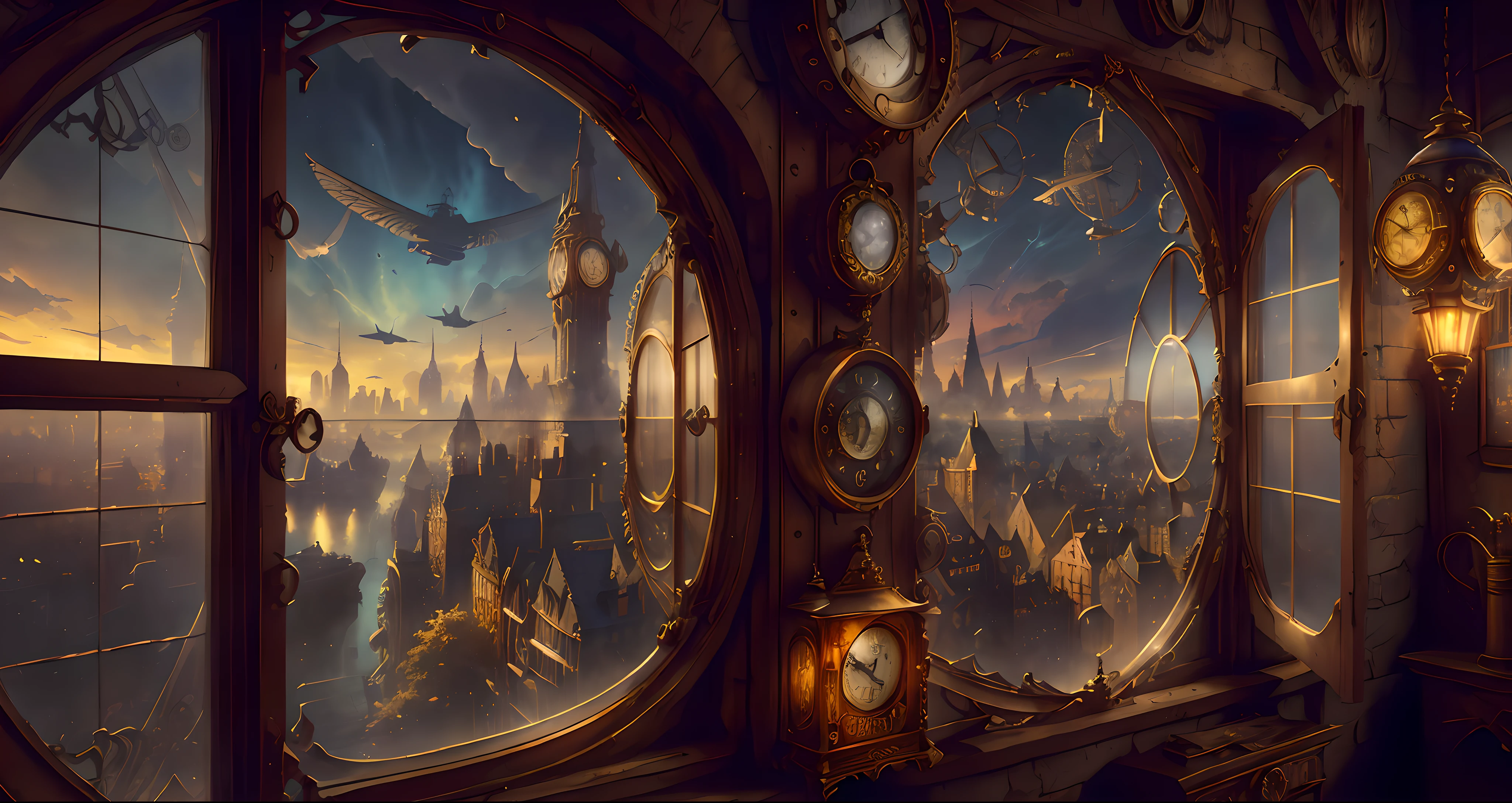 There is a ((large open window)). Through the window is a highly detailed and ultra-realistic steampunk cityscape. The cityscape has beautiful and ornate steampunk structures, flying dirigibles, and interesting clocks.  Including flying airships. The sky should have watercolor colors. Saturated colors, fantasy style, dramatic shadows, depth of field, atmospheric lighting, hires CGI render unity unreal engine style, storybook, 8k, camera: ((the window is the focal point of the image)), (((the window should always be centered in frame))), (((the steampunk cityscape is the main point of this image)))