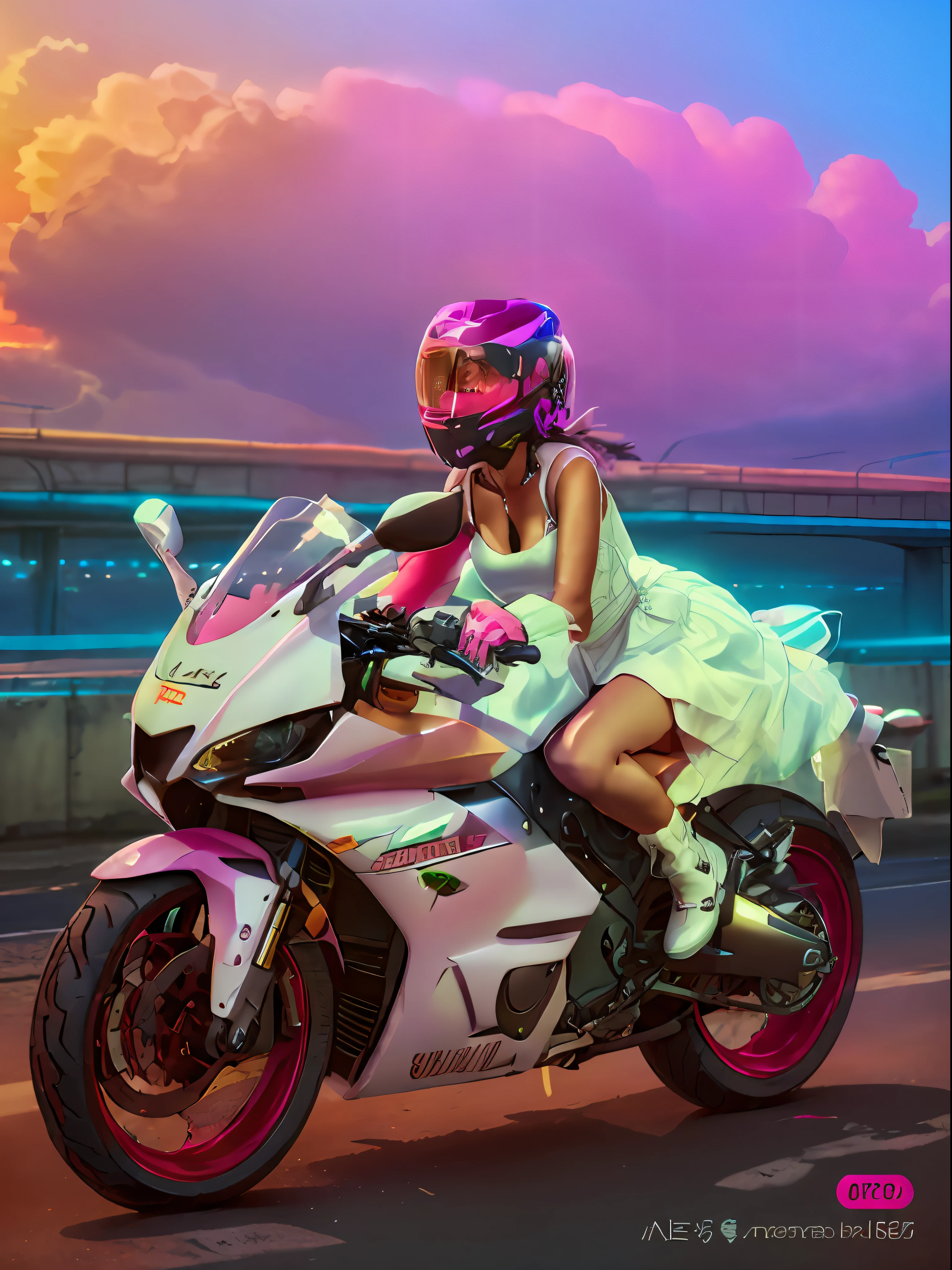 Alafi wearing ((pink wedding dress)), Ex Machina, riding a motorcycle on the highway with a helmet, riding a futuristic motorcycle, sitting on a cyberpunk motorcycle, very nice burning clouds, sunset, riding a motorcycle, wearing a helmet, motorcycle, girl screaming yolo - aesthetics, riding motorcycle, motorcyclist, electronic girl, E - girl, style like a ghost in the shell, sitting on a motorcycle, Sand Creek, 2 B