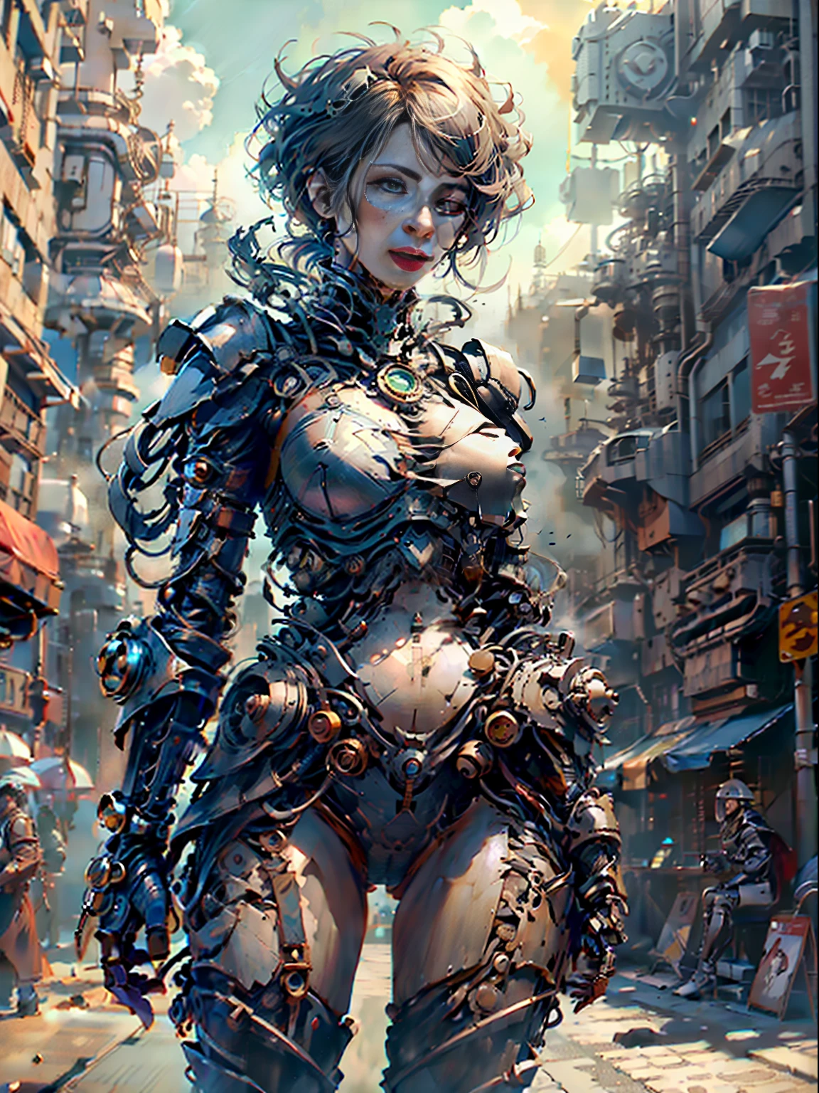 ((Best Quality)), ((Masterpiece)), (Very Detailed: 1.3), 3D, Steampunk Warrior After Desert Battle, Steampunk Weapon, Dark Style Armor, Cinema Lights, (Best Vision Photo of a Mechanical Girl), Anatomically Correct, High Density Display (High Dynamic Range), Ray Tracing, NVIDIA RTX, Super Resolution, Unreal 5, Underground Scattering, PBR Textures, Post Processing, Anisotropic Filtering, Depth of Field, Maximum Sharpness and Acutance, Multi-layer Textures, Specular and Albedo Mapping, Surface Shading, Accurate Simulation of Light-Material Interactions, Perfect Proportions, Octane Rendering, Two-tone Illumination, Low Luminosity, White Balance, Rule of Thirds, Large Aperture, 8K Raw Data, High Efficiency Subpixels, Subpixel Convolution, Light Particles, Light Scattering, Tyndall Effect, Perfect Body Proportions, Short Hair Assassin, (on City Streets: 1.2), Ray Tracing, Light Particles