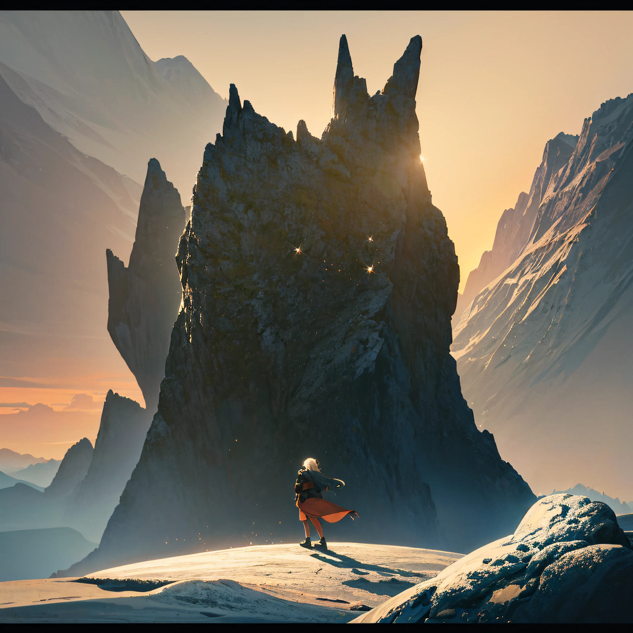 There is a bird standing on a rock in the mountains, standing in front of a mountain, Girl standing on the hill, Look at the mountains, standing on mountain, Girl standing on a cliff, in the swiss alps, The background is an epic mountain range, a wanderer on a mountain, Stand on the top of the hill, Photo of Unsplash winning competition, Stand at the top of the mountain, Surrealism, American propaganda poster, high detail, Surrealism, rococo style, high detail, chiaroscuro, cinematic lighting, sparkle, Fujicolor, highres, best quality, 8k, UHD, retina, masterpiece, ccurate, anatomically correct, super detail, high details, high quality, award winning, best quality, highres, 8k --auto
