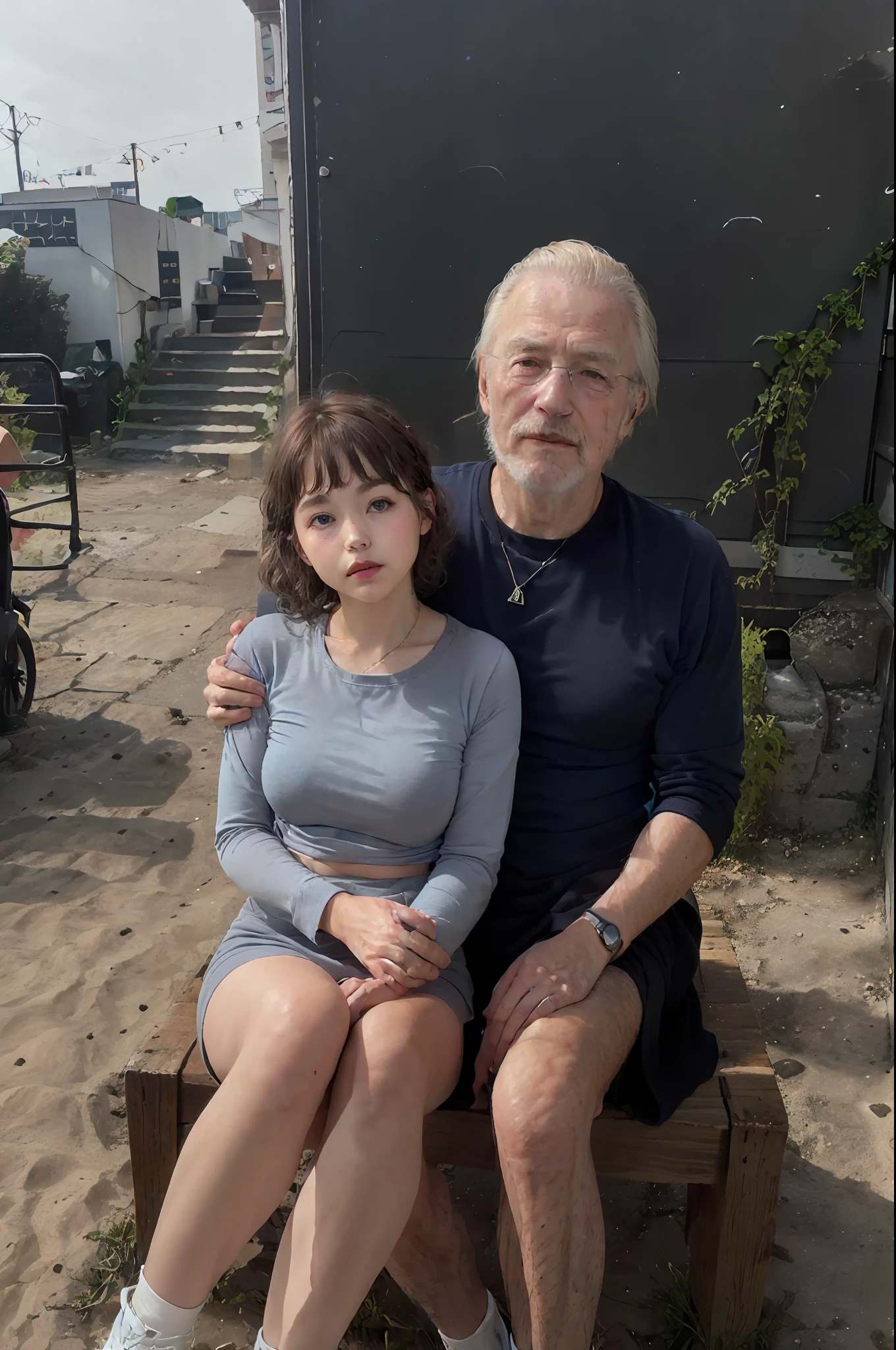 (perfect old man with decent clothes 90 years bearded), (with girl in his lap) , 40k, photography, masterpiece, best quality, dark gray background, (1girl blue eyes and blonde hair soon curly 10 years old), (angelic feature) , old man leaning against her