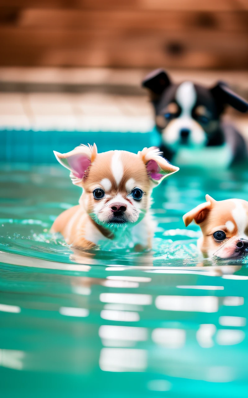 Hyper Quality,Cute two Chihuahua puppies,different body colors,swimming in the pool,barking,narrow eyes,smile,eos r3 28mm