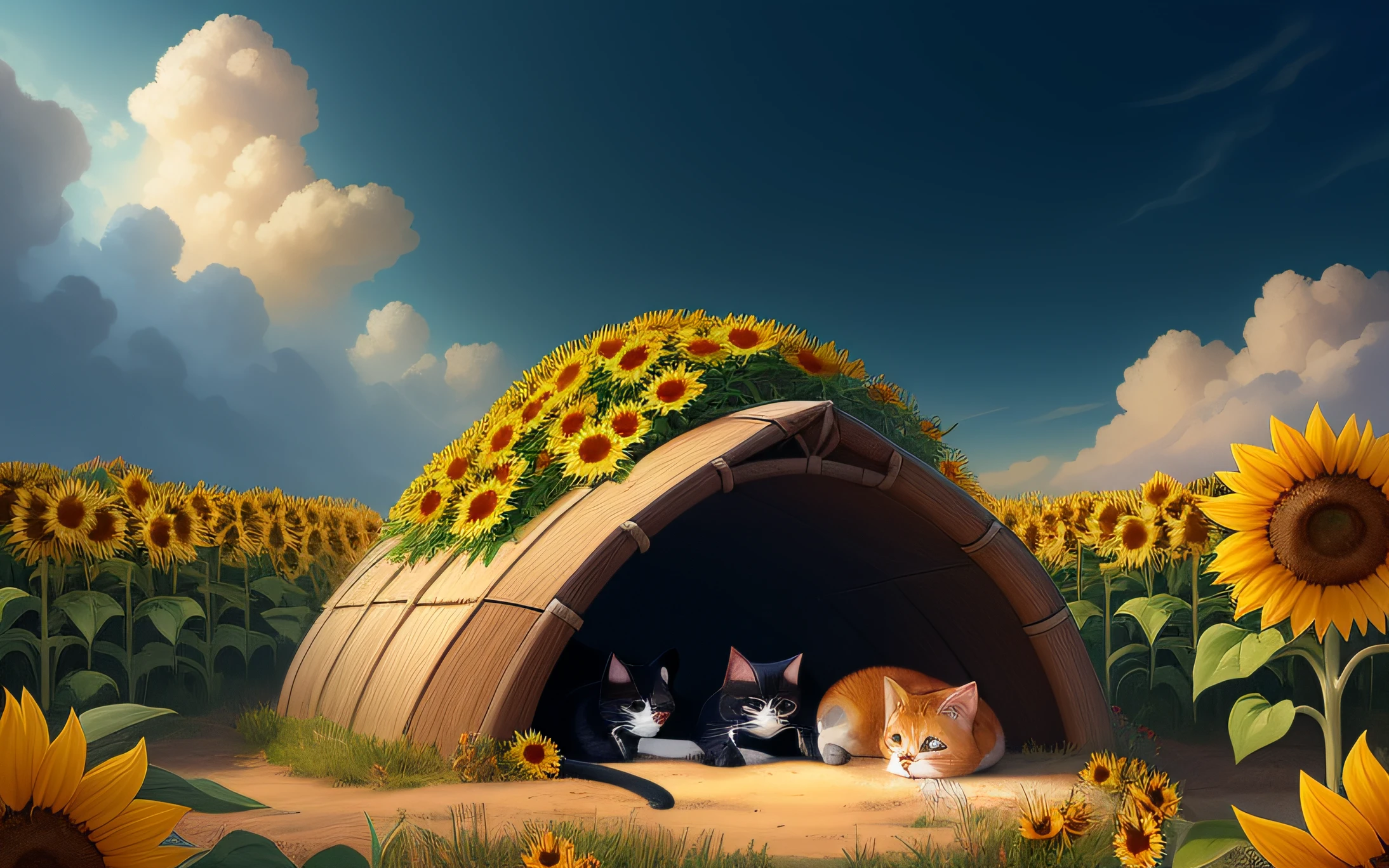 there are two cats that are laying in a hut in the sunflowers, by andrey ryabovichev, cyril rolando and goro fujita, by Ivan Generalić, inspired by Cyril Rolando, in style of cyril rolando, cyril rolando and m. w kaluta, by Igor Kufayev