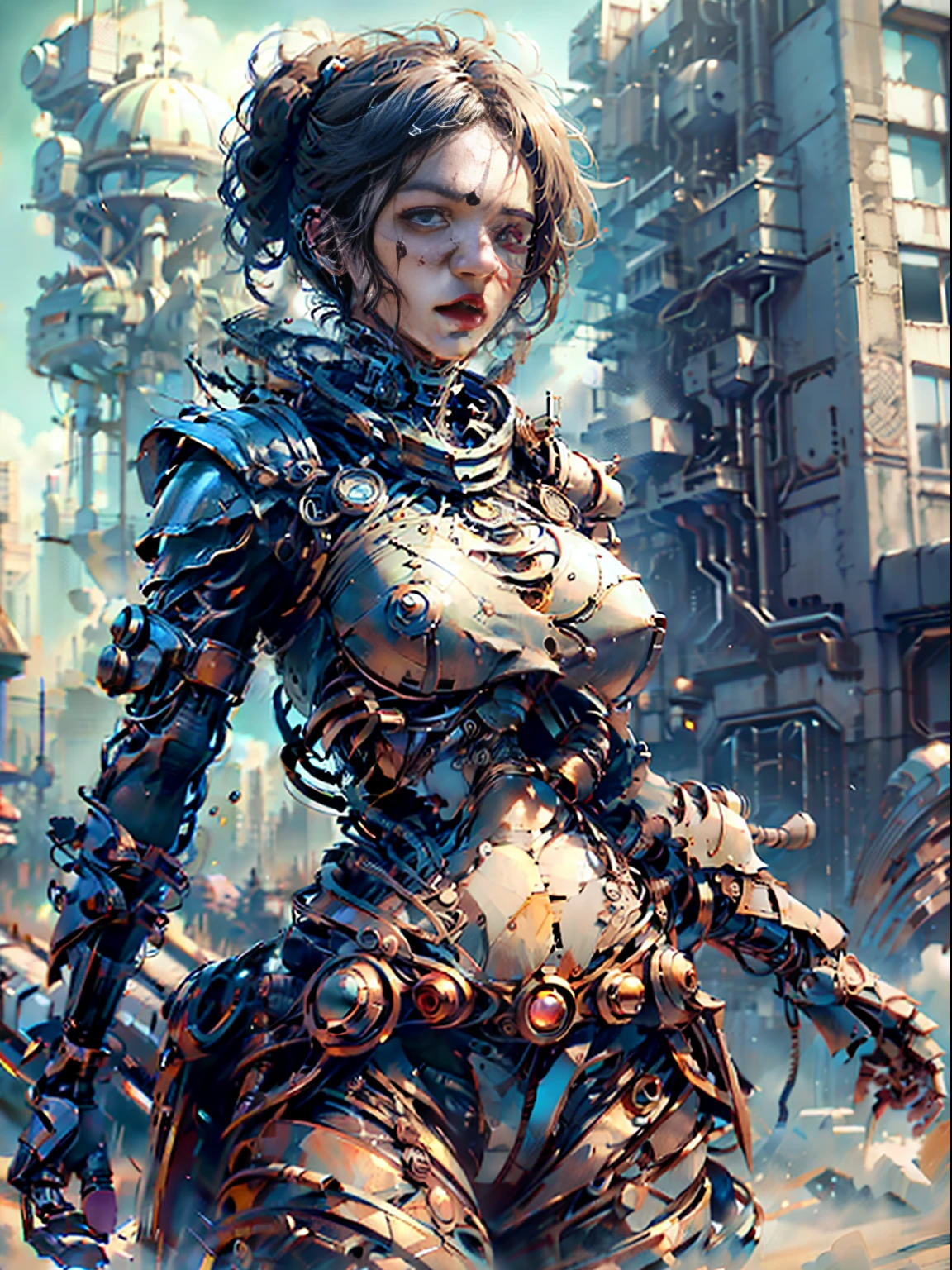 ((Best Quality)), ((Masterpiece)), (Very Detailed: 1.3), 3D, Steampunk Warrior After Desert Battle, Steampunk Weapon, Dark Style Armor, Cinema Lights, (Best Vision Photo of a Mechanical Girl), Anatomically Correct, High Density Display (High Dynamic Range), Ray Tracing, NVIDIA RTX, Super Resolution, Unreal 5, Underground Scattering, PBR Textures, Post Processing, Anisotropic Filtering, Depth of Field, Maximum Sharpness and Acutance, Multi-layer Textures, Specular and Albedo Mapping, Surface Shading, Accurate Simulation of Light-Material Interactions, Perfect Proportions, Octane Rendering, Two-tone Illumination, Low Luminosity, White Balance, Rule of Thirds, Large Aperture, 8K Raw Data, High Efficiency Subpixels, Subpixel Convolution, Light Particles, Light Scattering, Tyndall Effect, Perfect Body Proportions, Short Hair Assassin, (on City Streets: 1.2), Ray Tracing, Light Particles