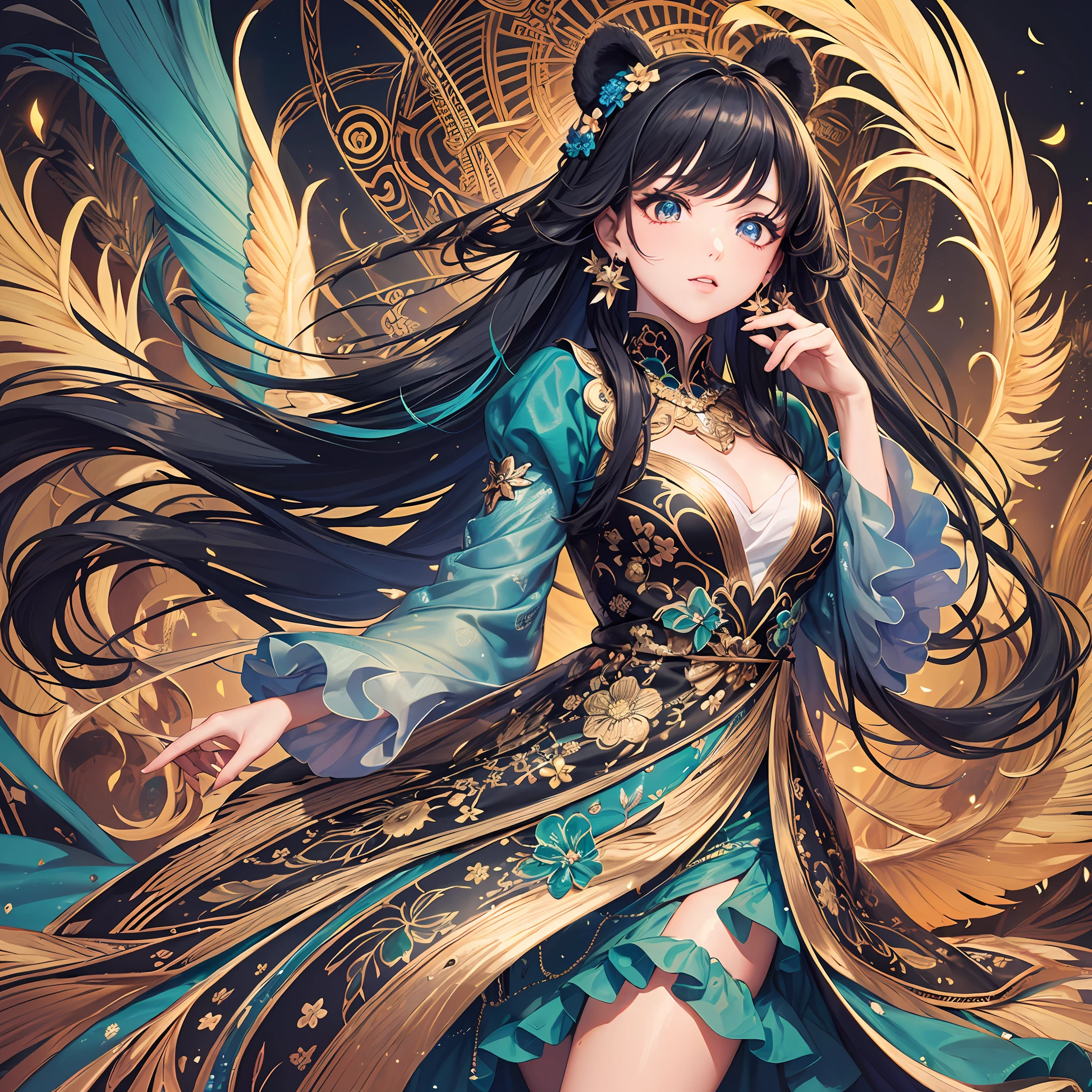 (Masterpiece, Top Quality, Best Quality, Official Art, Beautiful and Aesthetic: 1.2), (1 Girl: 1.3), Blue and Gold, Very Detailed, (Fractal Art: 1.1), (Colorful: 1.1) (Flower: 1.3), Supreme Detail, (Zentangle: 1.2), Sleeves of a Long Dress, (Abstract Background: 1.3), (Glossy Skin), (Many Colors: 1.4), (Earrings), (Feathers: 1.5), (Wind:1.3), emerald, long hair, wrapped in light, detailed background, phoenix dress, panda ears, flowers, vivid eyes, fireworks