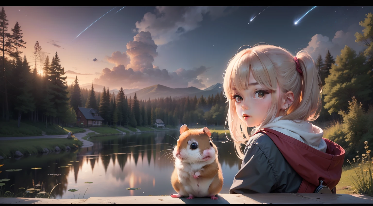 (Masterpiece, top quality: 1.1), Hamster, staring, (Shooting star: 1.1), staring at a girl about the size of an elementary school student a little further away, (Pond nearby: 0.9), Azumaya