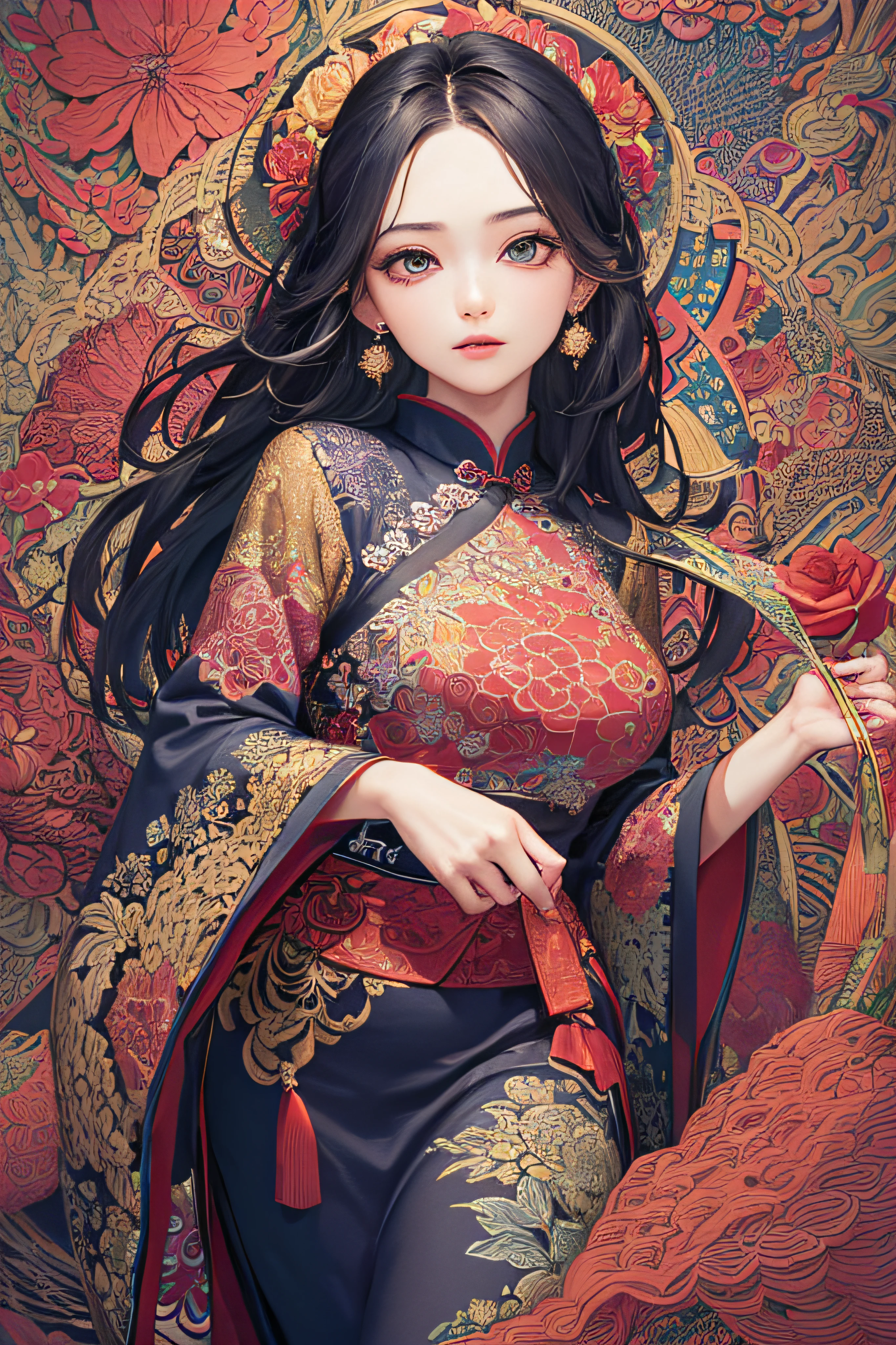 (masterpiece, top quality, best quality, official art, beautiful and aesthetic:1.2), (1girl:1.3), extremely detailed,(fractal art:1.1),(colorful:1.1)(flowers:1.3),highest detailed,(zentangle:1.2), (dynamic pose), (abstract background:1.3), (chinese Traditional cloth:1.2), (shiny skin), (many colors:1.4), ,(earrings:1.4),