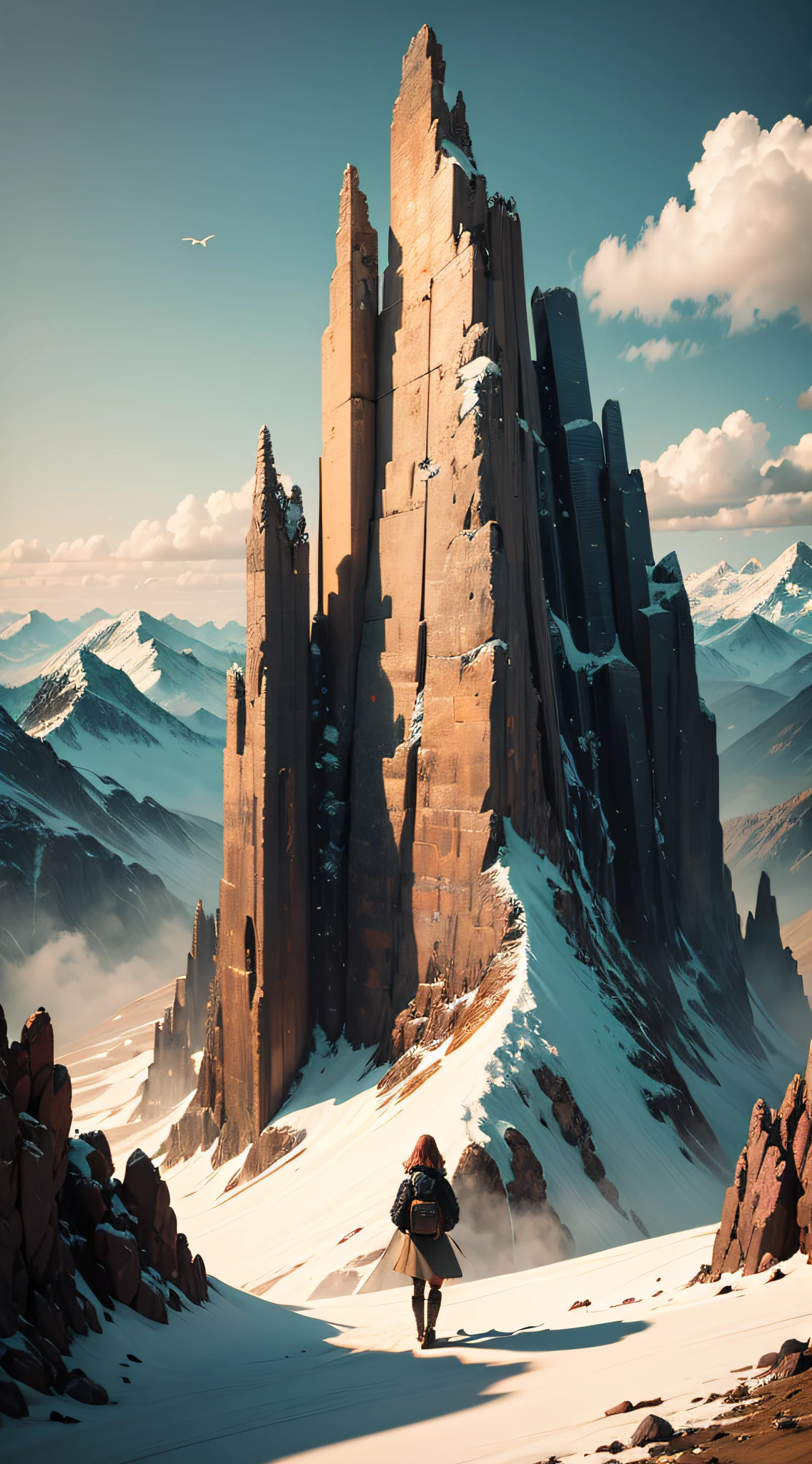 There is a bird standing on a rock in the mountains, standing in front of a mountain, Girl standing on the hill, Look at the mountains, standing on mountain, Girl standing on a cliff, in the swiss alps, The background is an epic mountain range, a wanderer on a mountain, Stand on the top of the hill, Photo of Unsplash winning competition, Stand at the top of the mountain, Surrealism, American propaganda poster, high detail, Surrealism, rococo style, high detail, chiaroscuro, cinematic lighting, sparkle, Fujicolor, highres, best quality, 8k, UHD, retina, masterpiece, ccurate, anatomically correct, super detail, high details, high quality, award winning, best quality, highres, 8k --auto