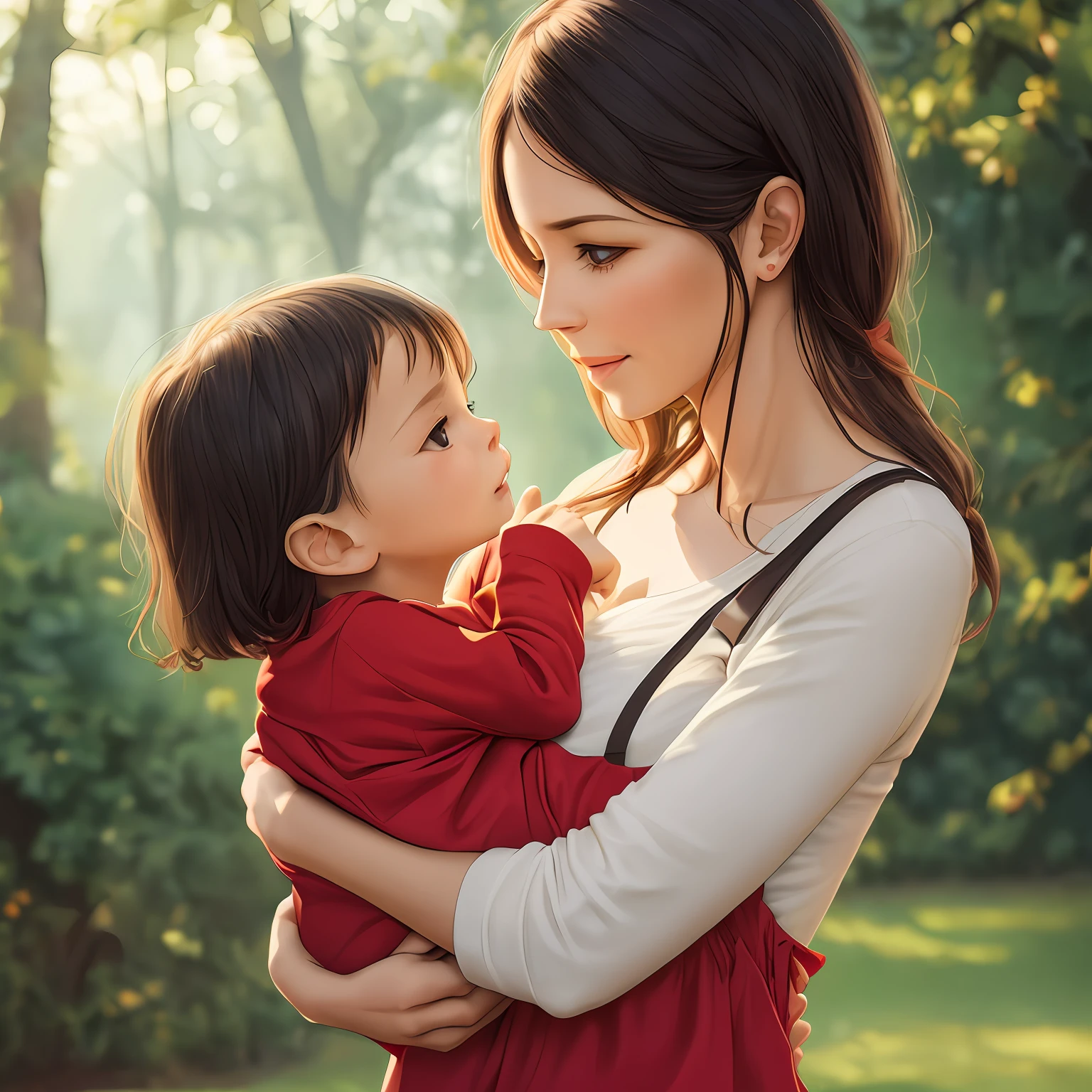 A mother holds her ***** in her arms, her lips kiss her child's cheek, warm pictures, illustrations, flat style --auto