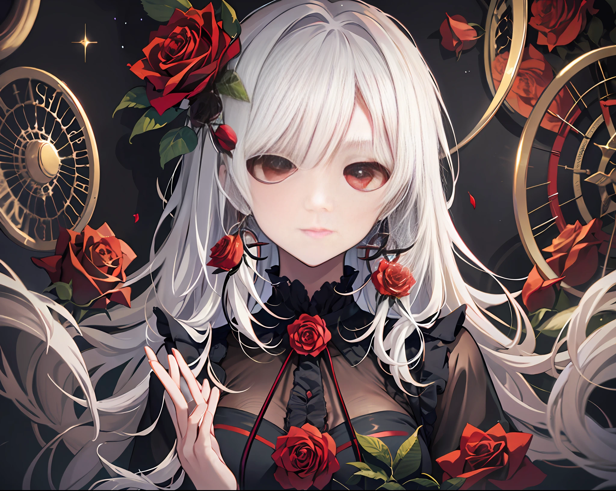 (best quality, masterpiece), (1girl, solo, black dress, standing , looking at viewer, white hair, red eyes, holding rose, closed mouth, upper body), (red dreamcatcher behind, red flower, )