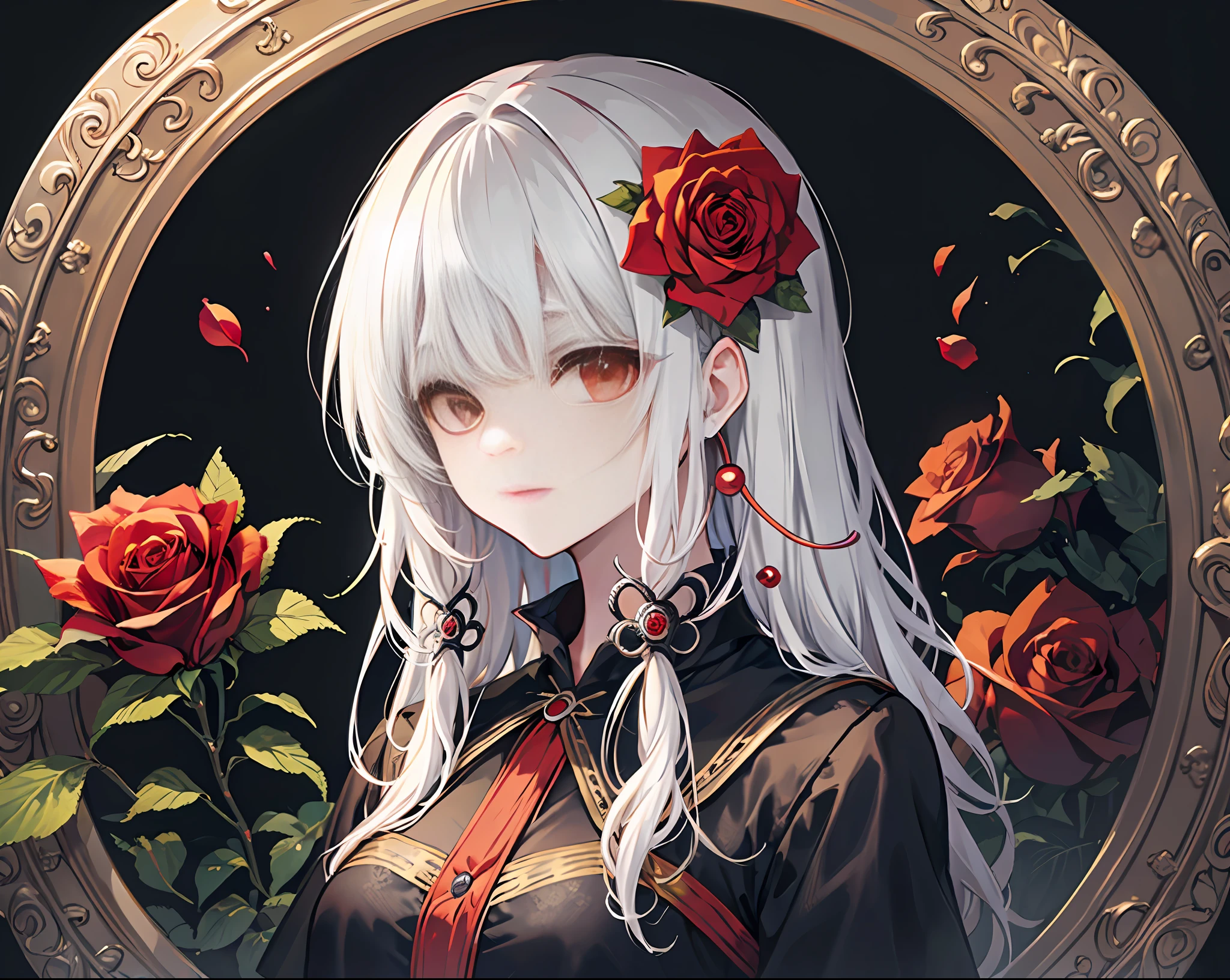 (best quality, masterpiece), (1girl, solo, black dress, standing , looking at viewer, white hair, red eyes, holding rose, closed mouth, upper body), (red dreamcatcher behind, red flower, )
