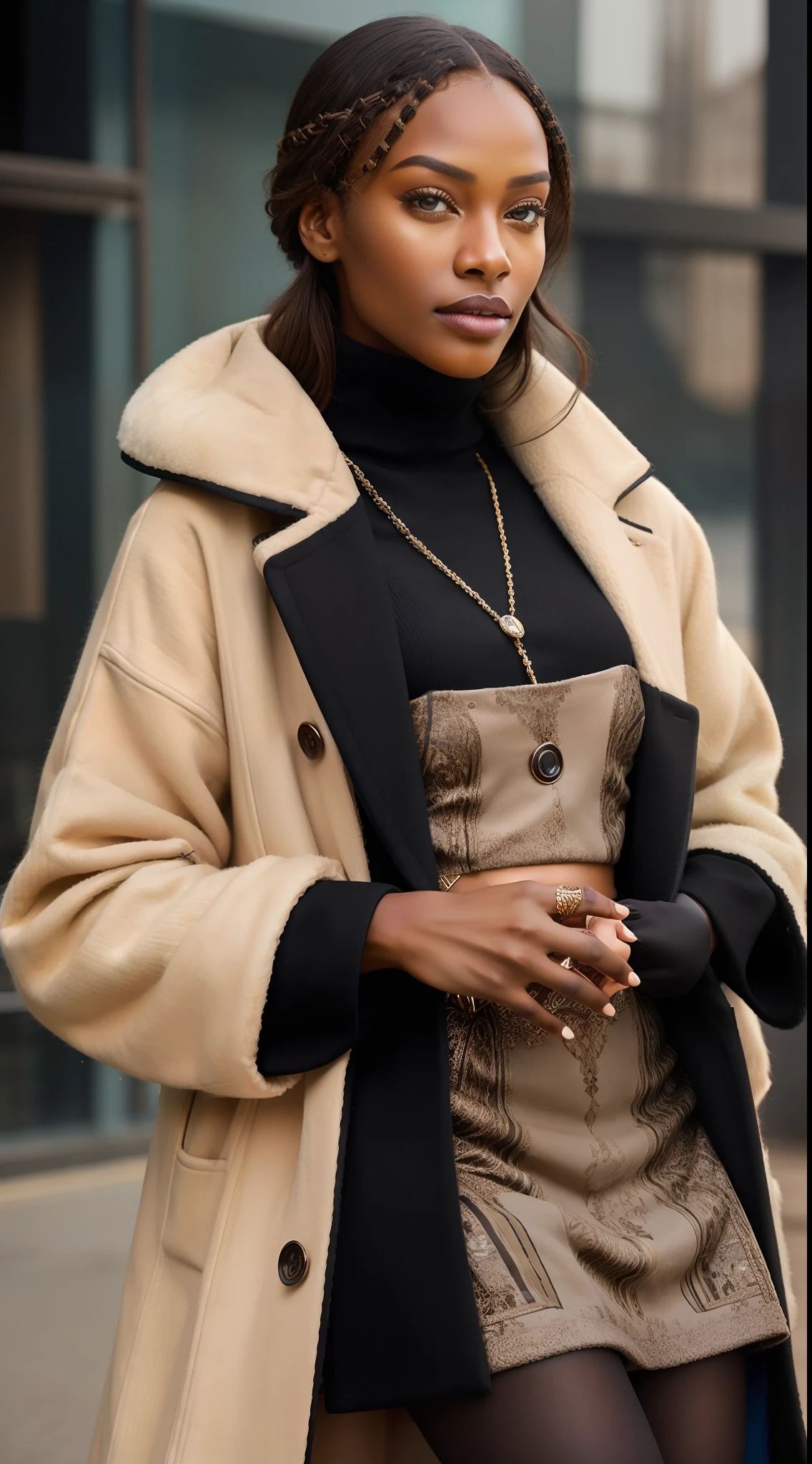 a black model with African facial features posing elegant for digital magazine cover editorial photo, wearing winter clothes, ultra modern wool overcoat, intense vivid colors, detailed, haute couture, ultra detailed finishes, cute look, intricate details, magazine cover editorial style photo, high fashion, apply editorial environment, masterpiece, highest quality, ultra detailed, high definition,