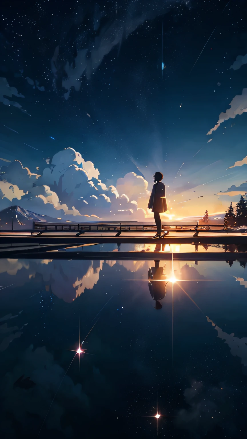 Masterpiece, anime train passing through bodies of water on tracks, bright starry sky. Romantic train, Makoto Shinkai's picture, pixiv, concept art, lofi art style, reflection. by Makoto Shinkai, lofi art, Beautiful anime scene, Anime landscape, detailed scenery —width 672, in style of Makoto shinkai, style of Makoto shinkai, enhanced details.