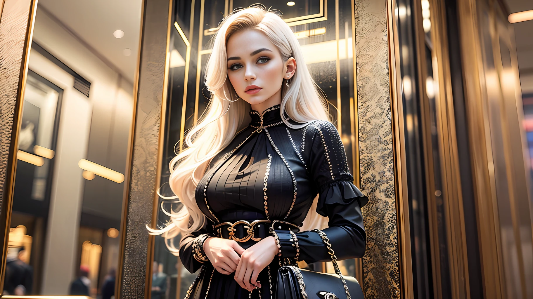 A super rich woman in Chanel's luxury store in Paris with perfumes, clothes and handbags, details in another and super realistic chrome, high level of detail --auto