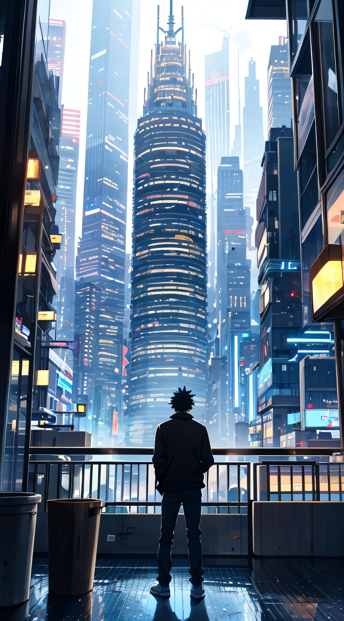 a guy standing on a balcony watching a futuristic city, neon, skyscrapers, epic, detailed