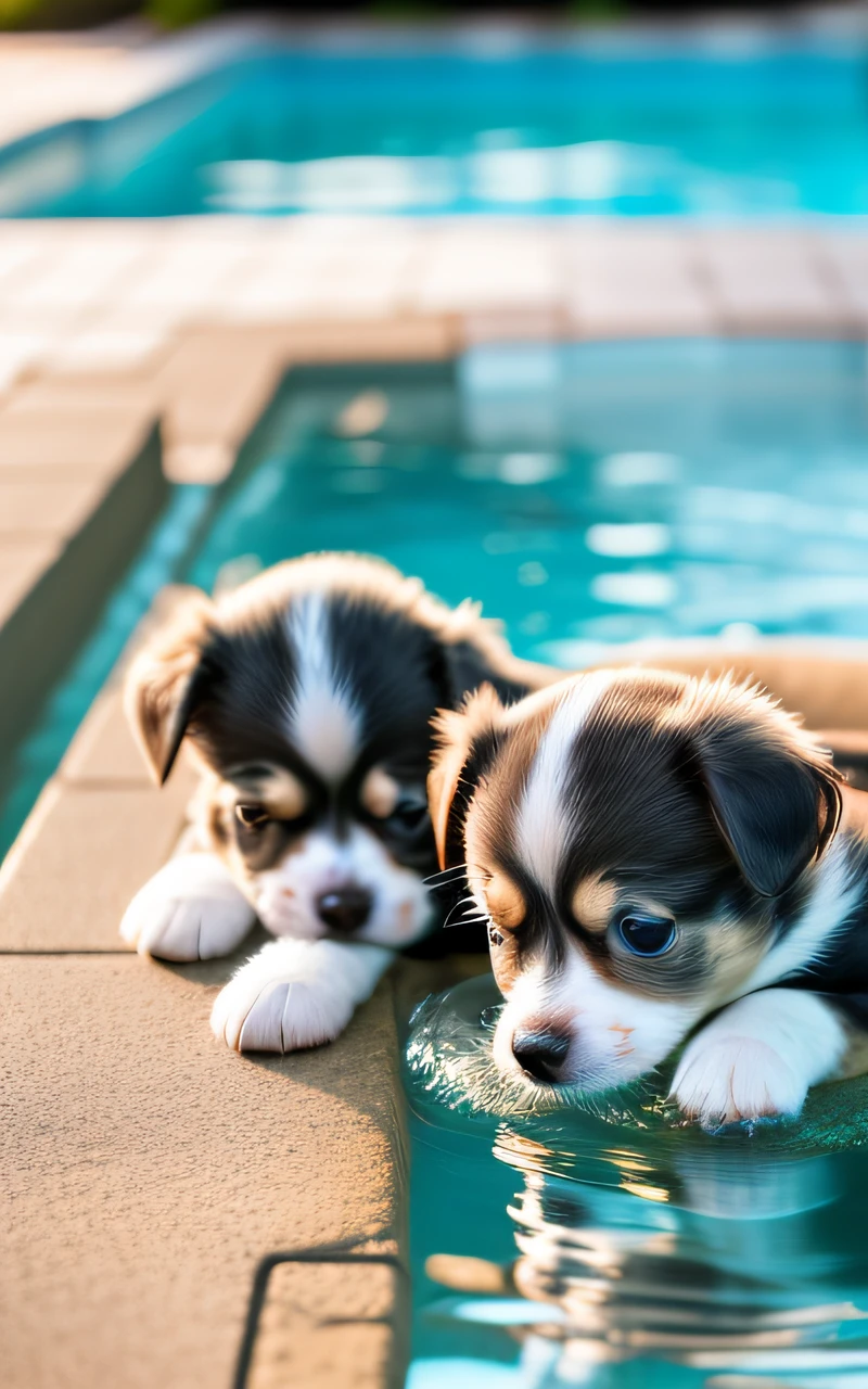 Hyper Quality,Cute two Chihuahua puppies,different body colors,swimming in the pool,barking,narrow eyes,smile,eos r3 28mm