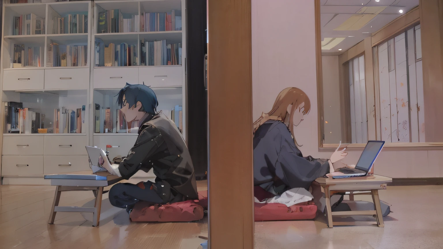 there are two people sitting on the floor using laptops, still from a live action movie, in a japanese apartment, scene from live action movie, live-action archival footage, anime film still, still from a movie, still frame from a movie, lofi, lofi feel, highlight scene of the movie, still from the movie, comic book illustration